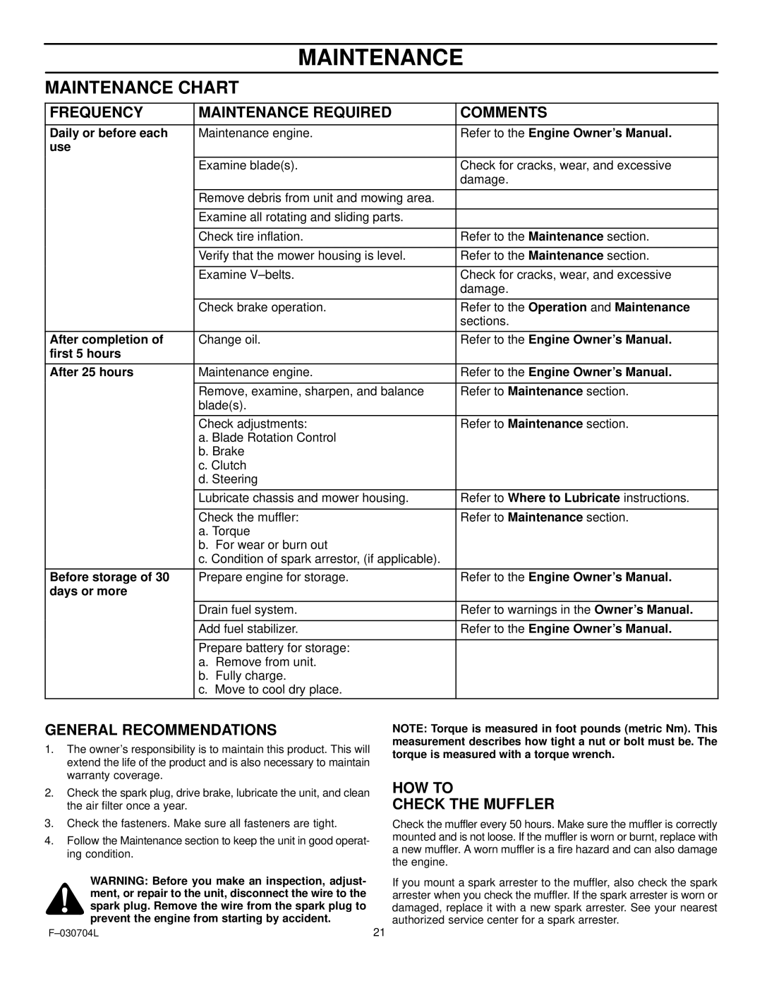 Murray 425303x92B manual Frequency Maintenance Required Comments, General Recommendations, HOW to Check the Muffler 