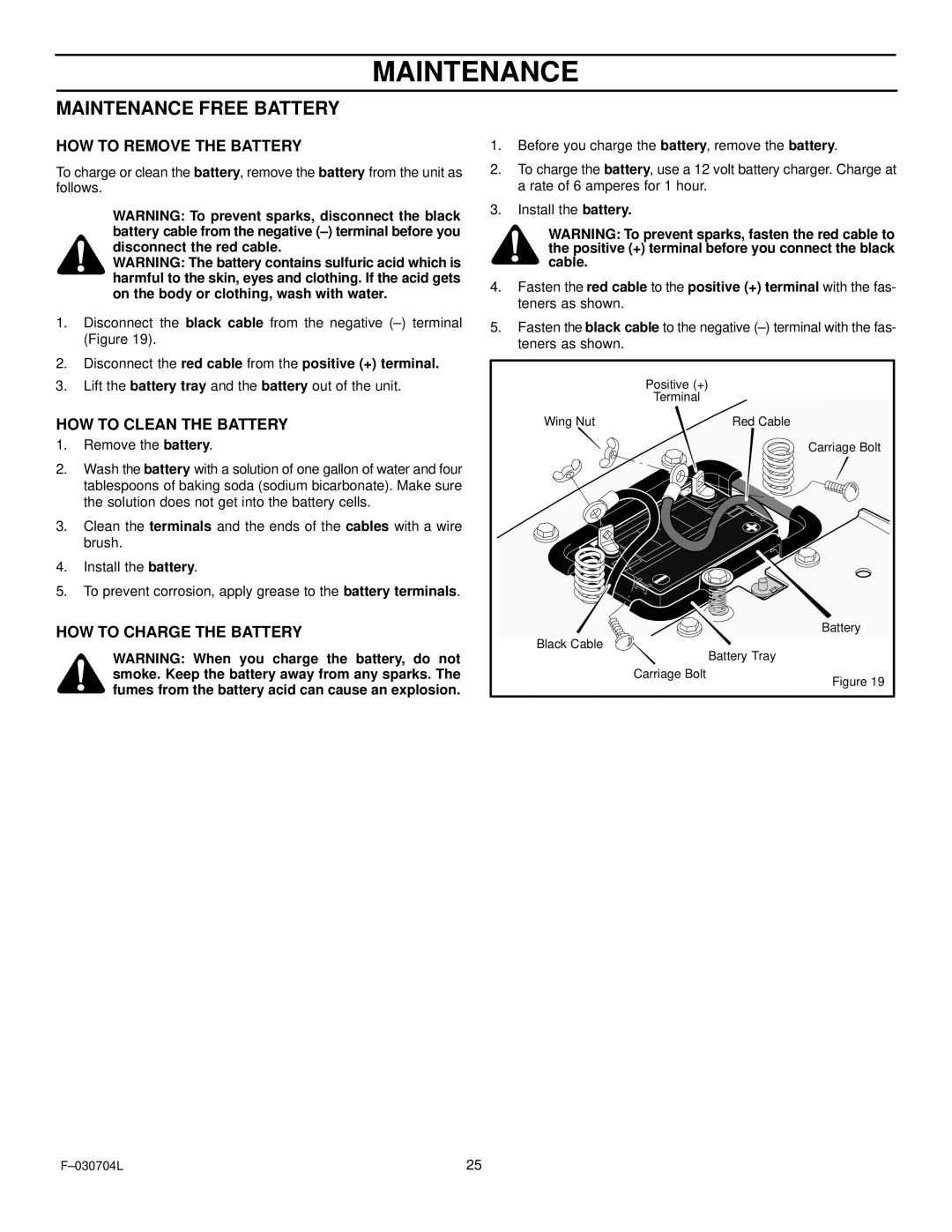 Murray 425303x92B manual HOW to Remove the Battery, HOW to Clean the Battery, HOW to Charge the Battery 