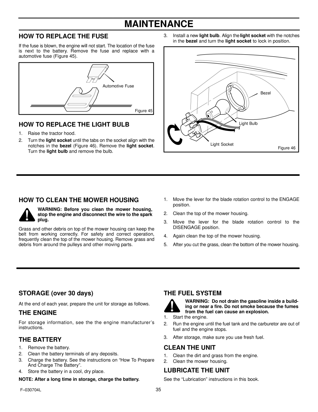 Murray 425303x92B HOW to Replace the Fuse, HOW to Replace the Light Bulb, HOW to Clean the Mower Housing, Engine, Battery 