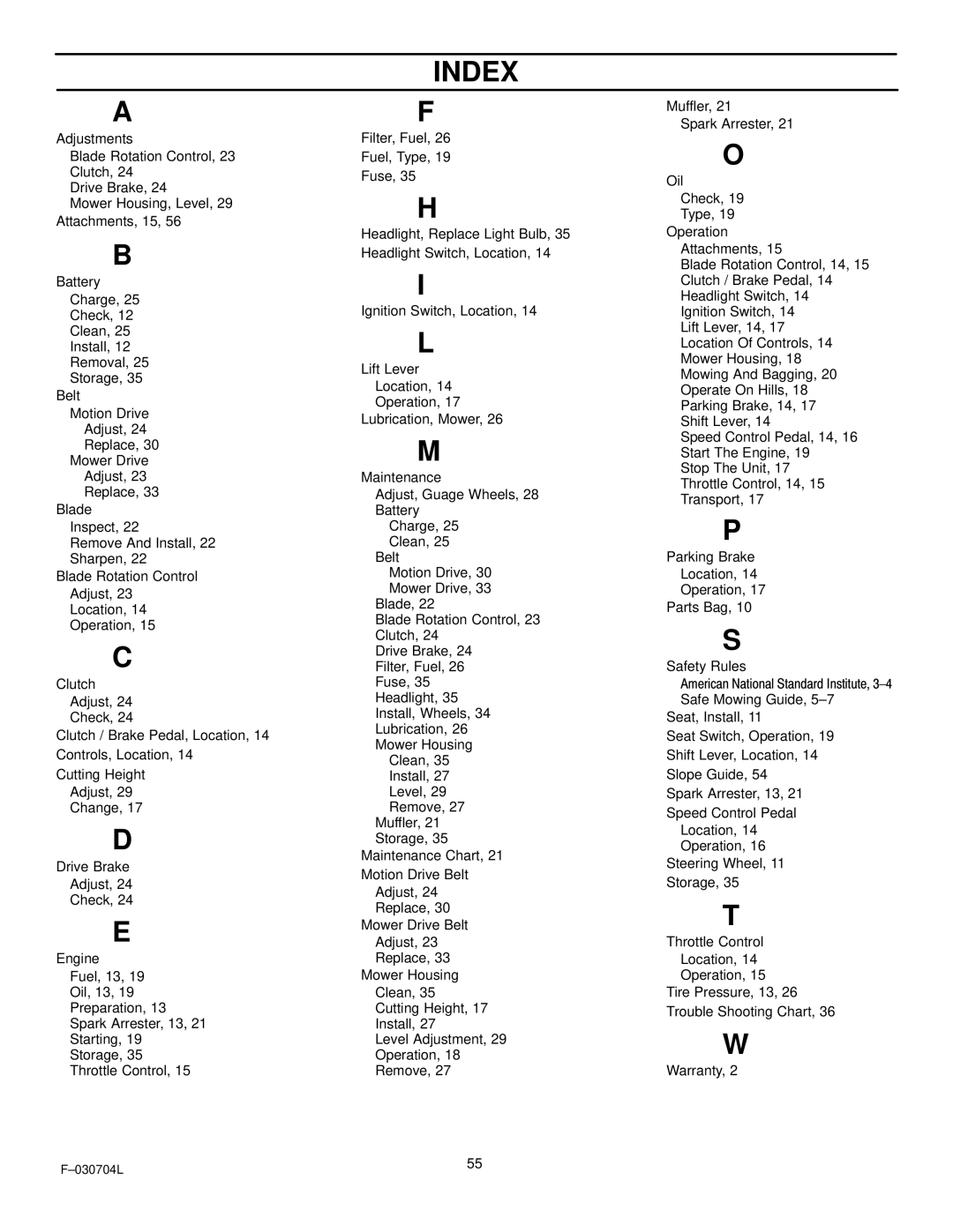 Murray 425303x92B manual Index 