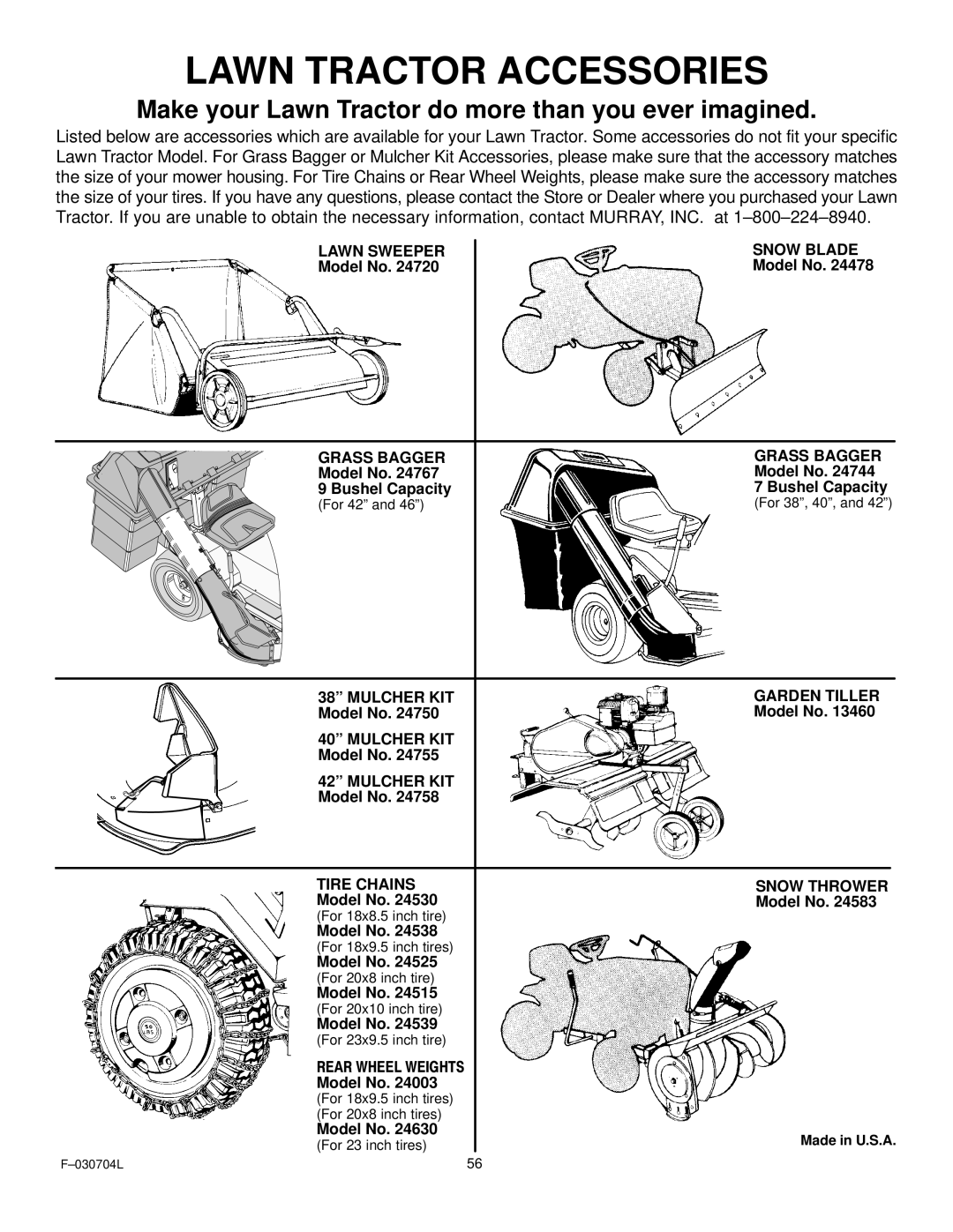 Murray 425303x92B manual Lawn Sweeper Snow Blade, Grass Bagger, Mulcher KIT Garden Tiller, Tire Chains Snow Thrower 