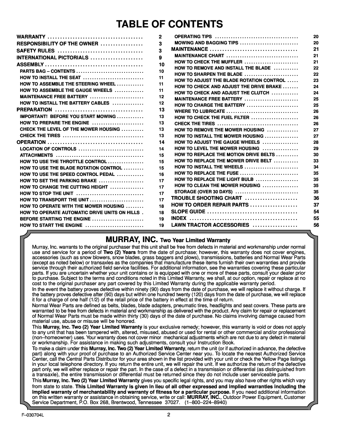 Murray 425303x92B manual Table Of Contents, MURRAY, INC. Two Year Limited Warranty 