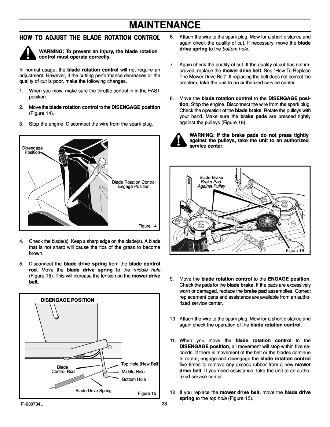 Murray 425303x92B manual Maintenance, How To Adjust The Blade Rotation Control 