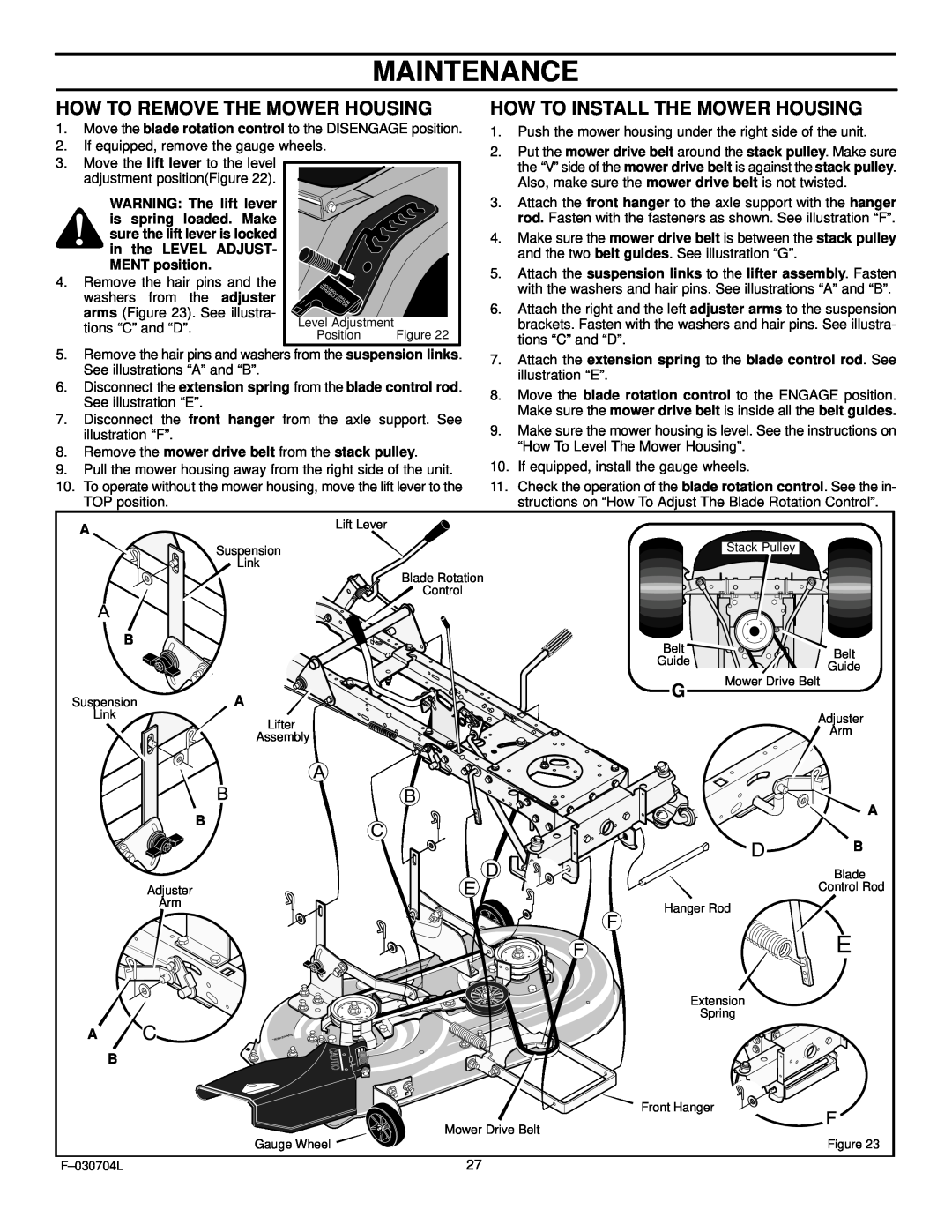 Murray 425303x92B manual Maintenance, How To Remove The Mower Housing, How To Install The Mower Housing 