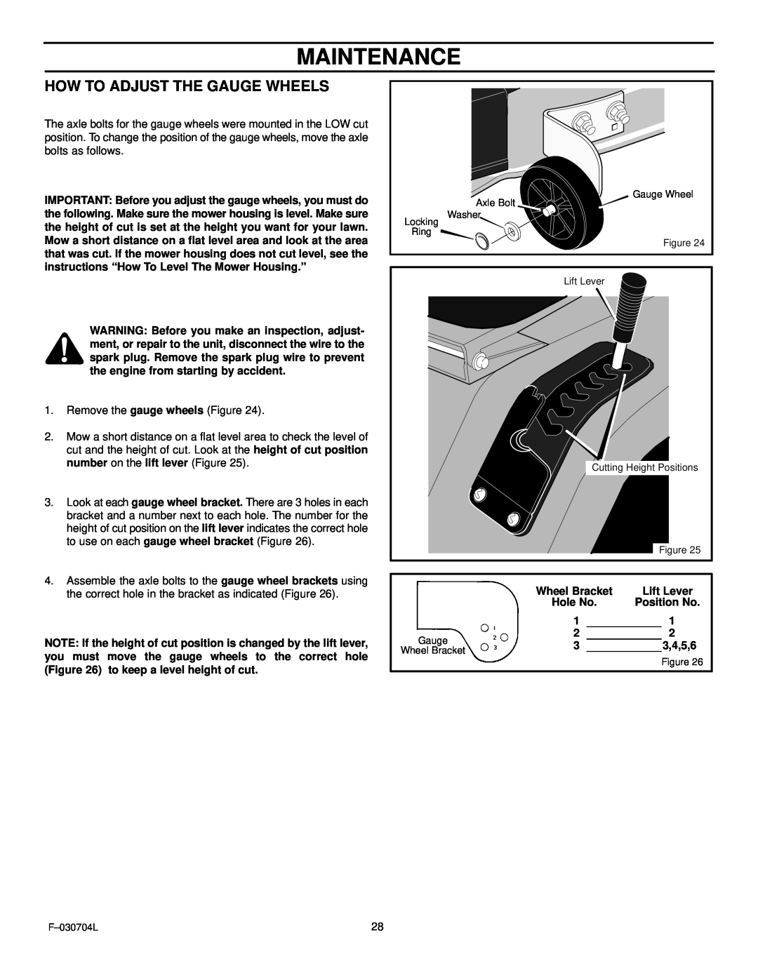 Murray 425303x92B manual Maintenance, How To Adjust The Gauge Wheels 