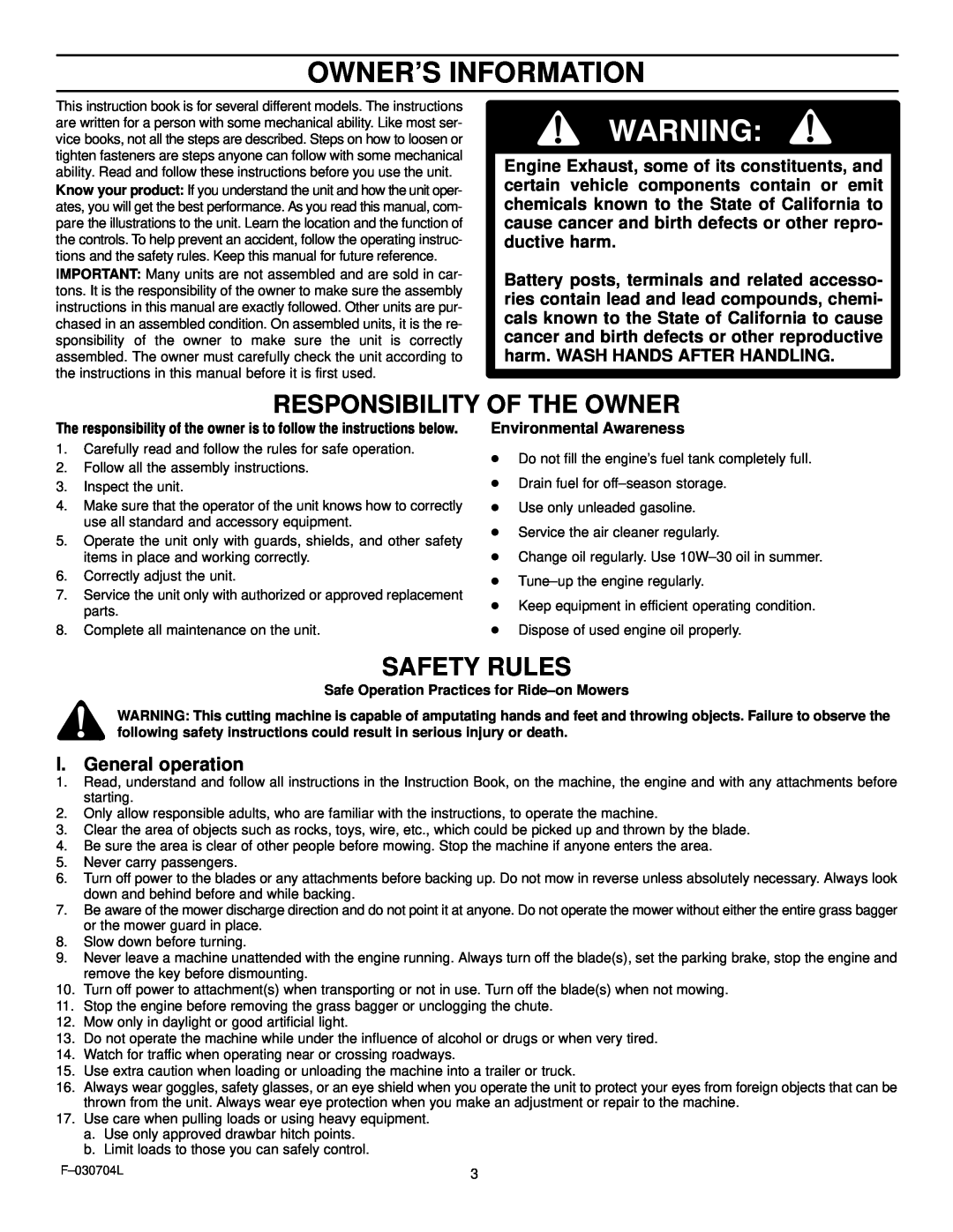 Murray 425303x92B manual Owner’S Information, Responsibility Of The Owner, Safety Rules, I. General operation 