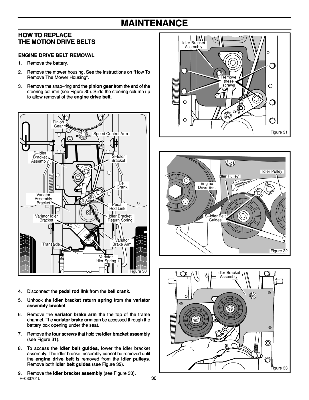 Murray 425303x92B manual Maintenance, How To Replace The Motion Drive Belts, Engine Drive Belt Removal 