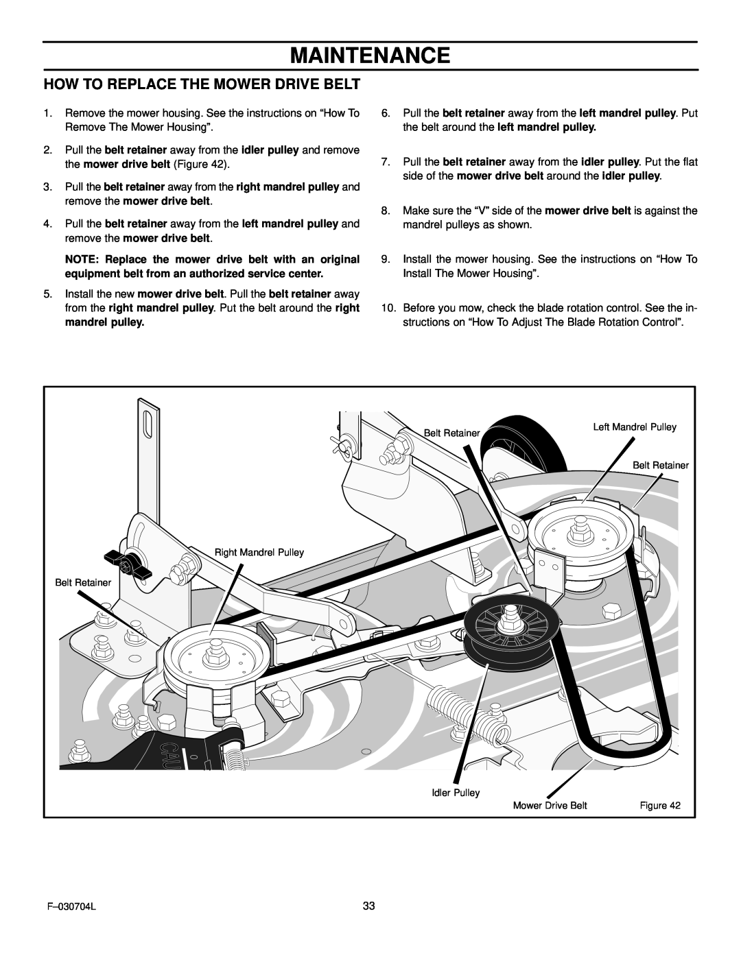 Murray 425303x92B manual Maintenance, How To Replace The Mower Drive Belt 