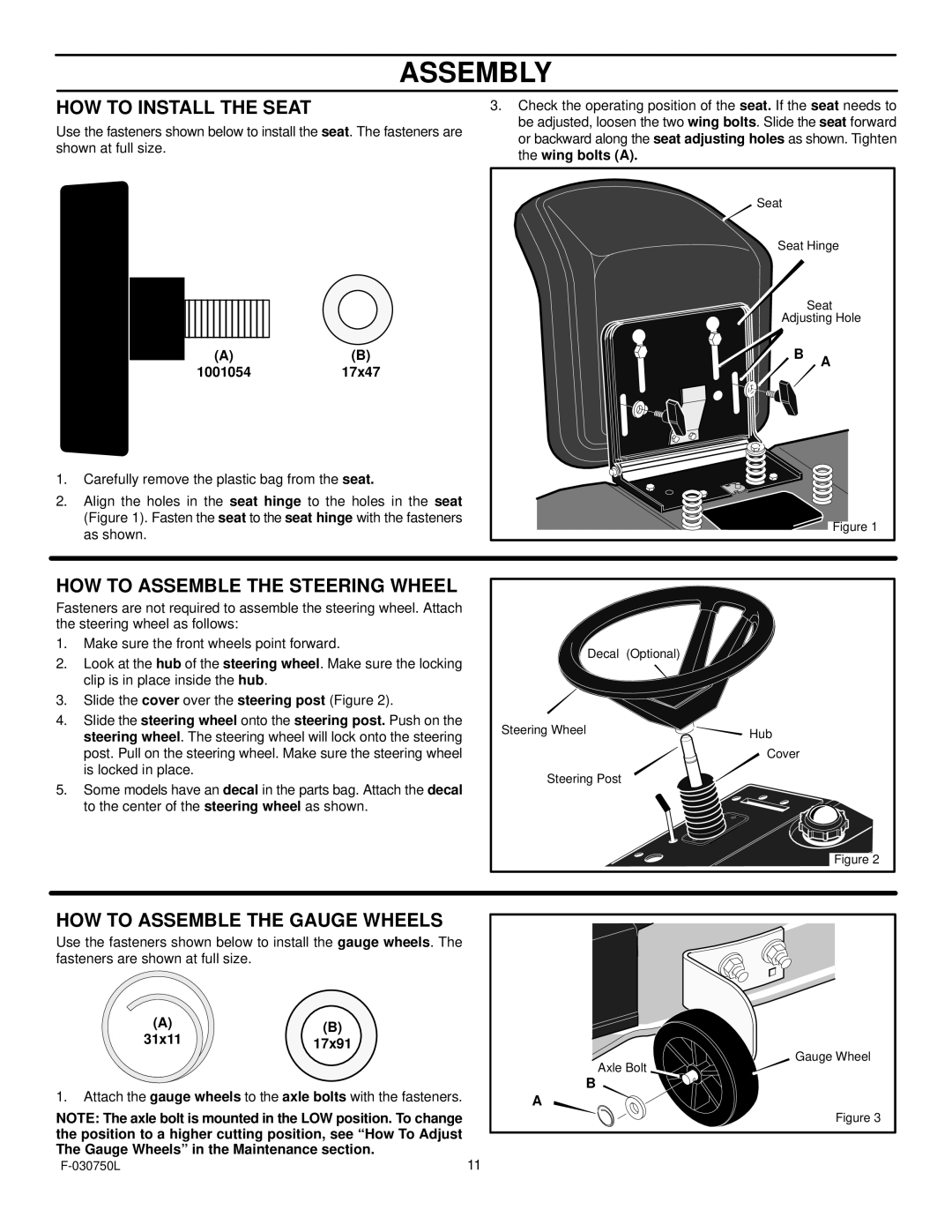 Murray 425306x48A manual HOW to Install the Seat, HOW to Assemble the Steering Wheel, HOW to Assemble the Gauge Wheels 