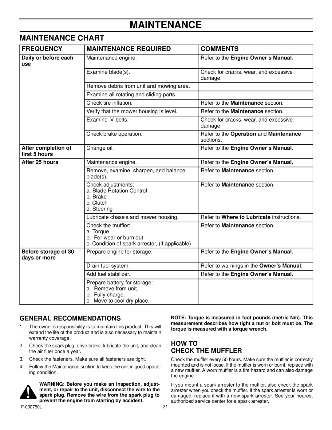 Murray 425306x48A manual Frequency Maintenance Required Comments, General Recommendations, HOW to Check the Muffler 