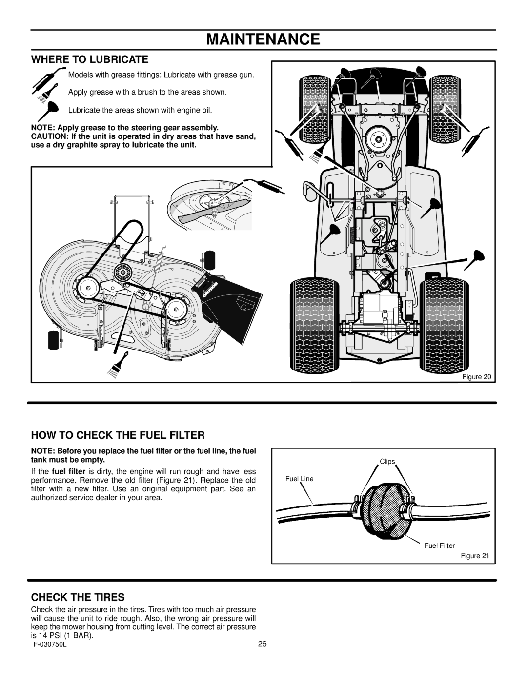 Murray 425306x48A manual Where to Lubricate, HOW to Check the Fuel Filter 