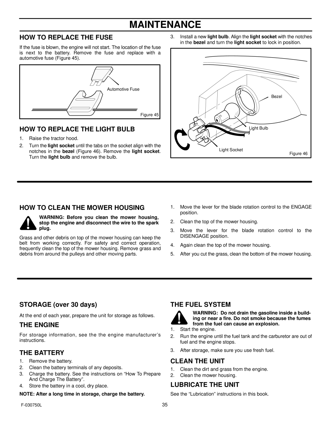 Murray 425306x48A HOW to Replace the Fuse, HOW to Replace the Light Bulb, HOW to Clean the Mower Housing, Engine, Battery 