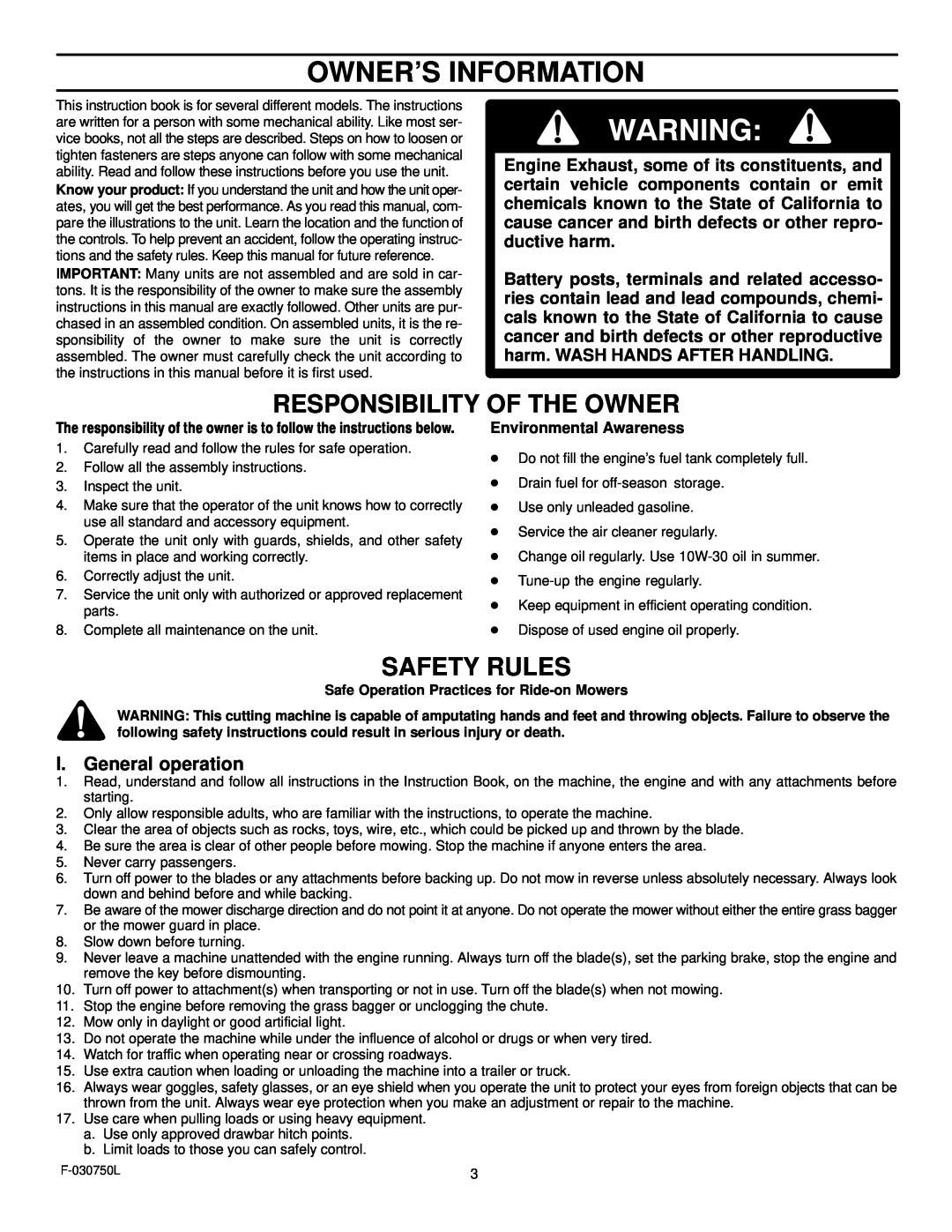 Murray 425306x48A manual Owner’S Information, Responsibility Of The Owner, Safety Rules, I. General operation 