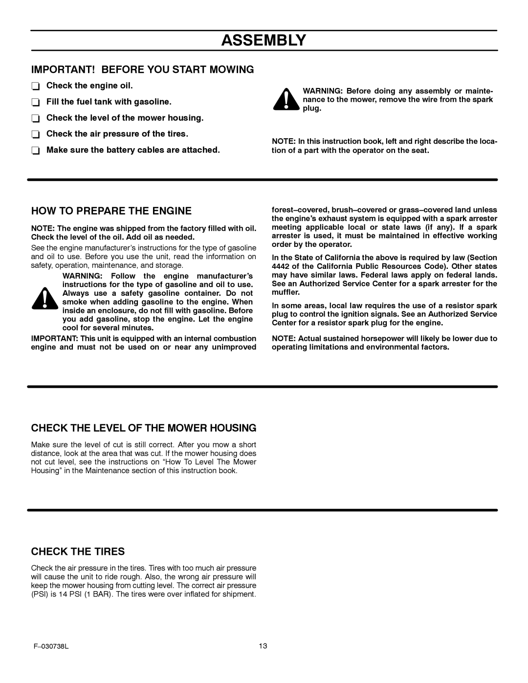 Murray 425603x99A IMPORTANT! Before YOU Start Mowing, HOW to Prepare the Engine, Check the Level of the Mower Housing 