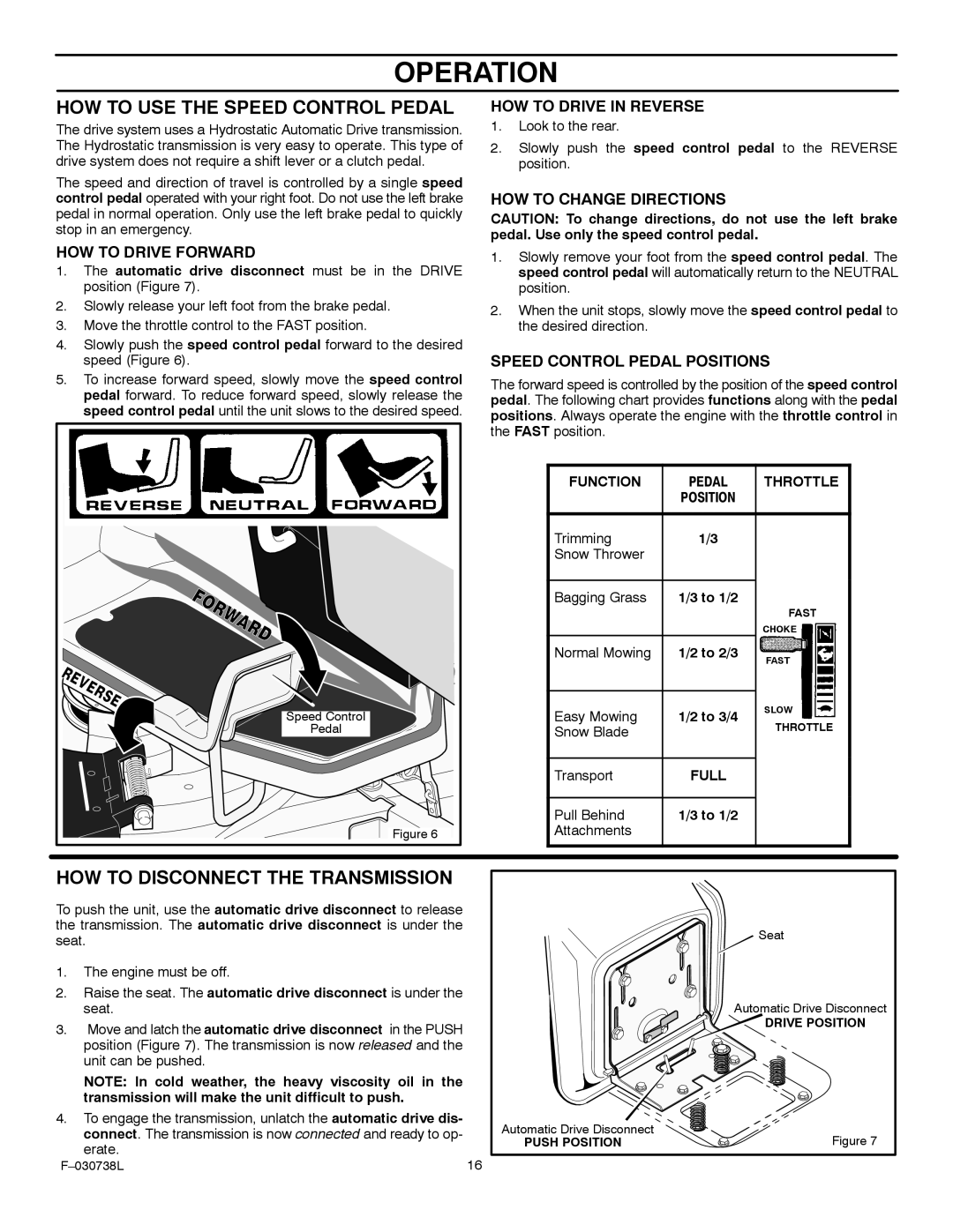 Murray 425603x99A manual HOW to USE the Speed Control Pedal, HOW to Disconnect the Transmission, To 1/2, To 2/3, To 3/4 