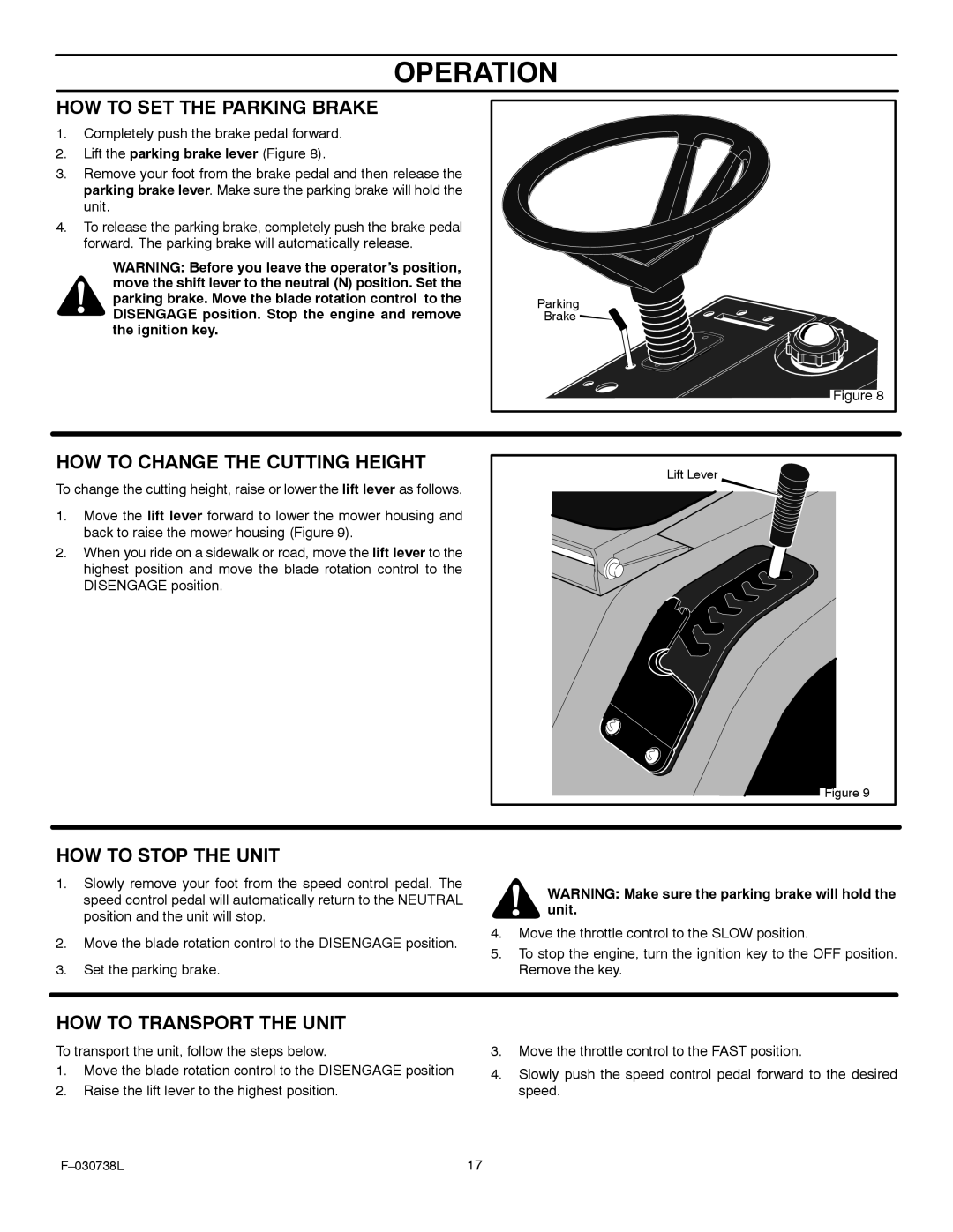 Murray 425603x99A manual HOW to SET the Parking Brake, HOW to Change the Cutting Height, HOW to Stop the Unit 