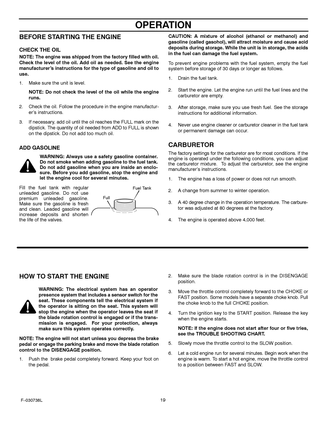 Murray 425603x99A manual Before Starting the Engine, Carburetor, HOW to Start the Engine 