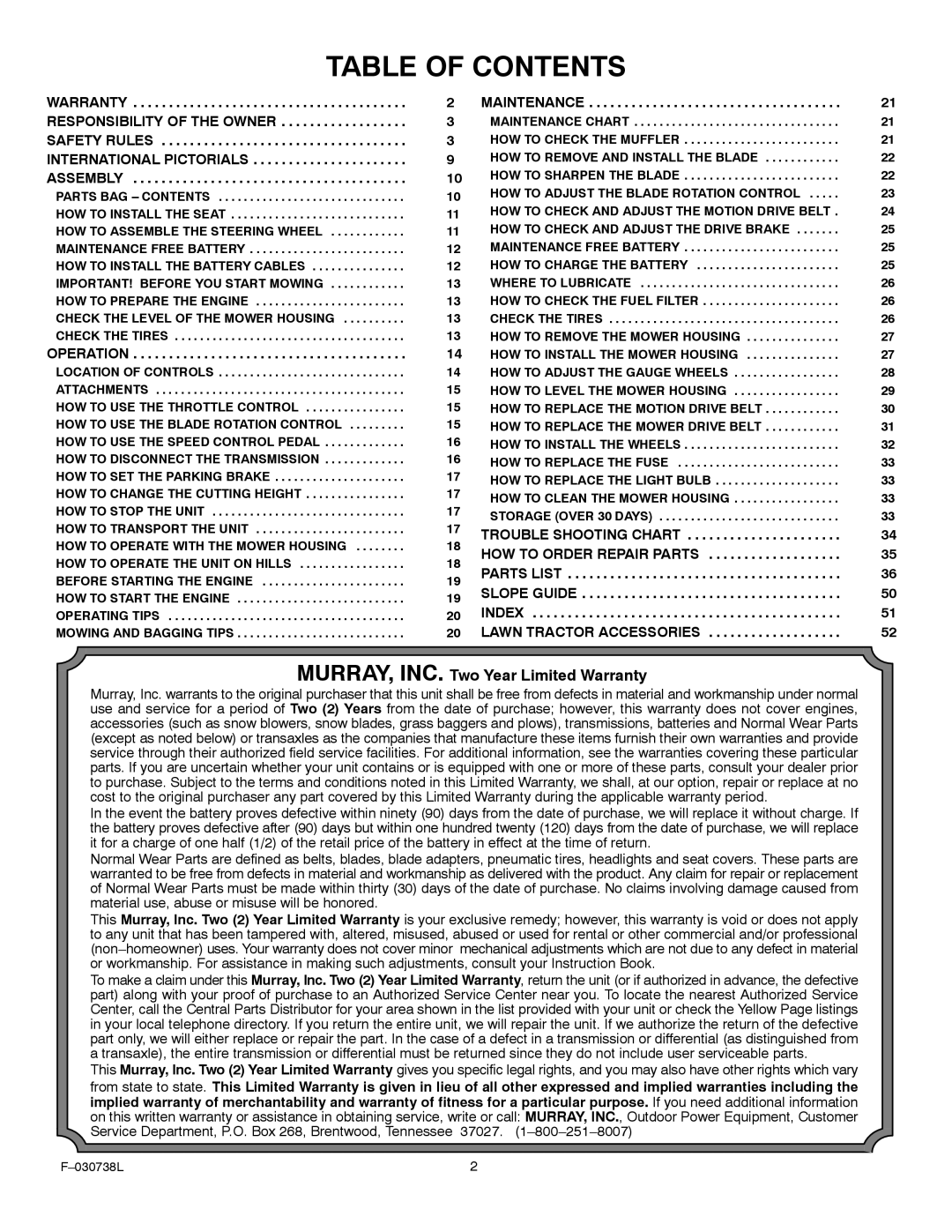 Murray 425603x99A manual Table of Contents 