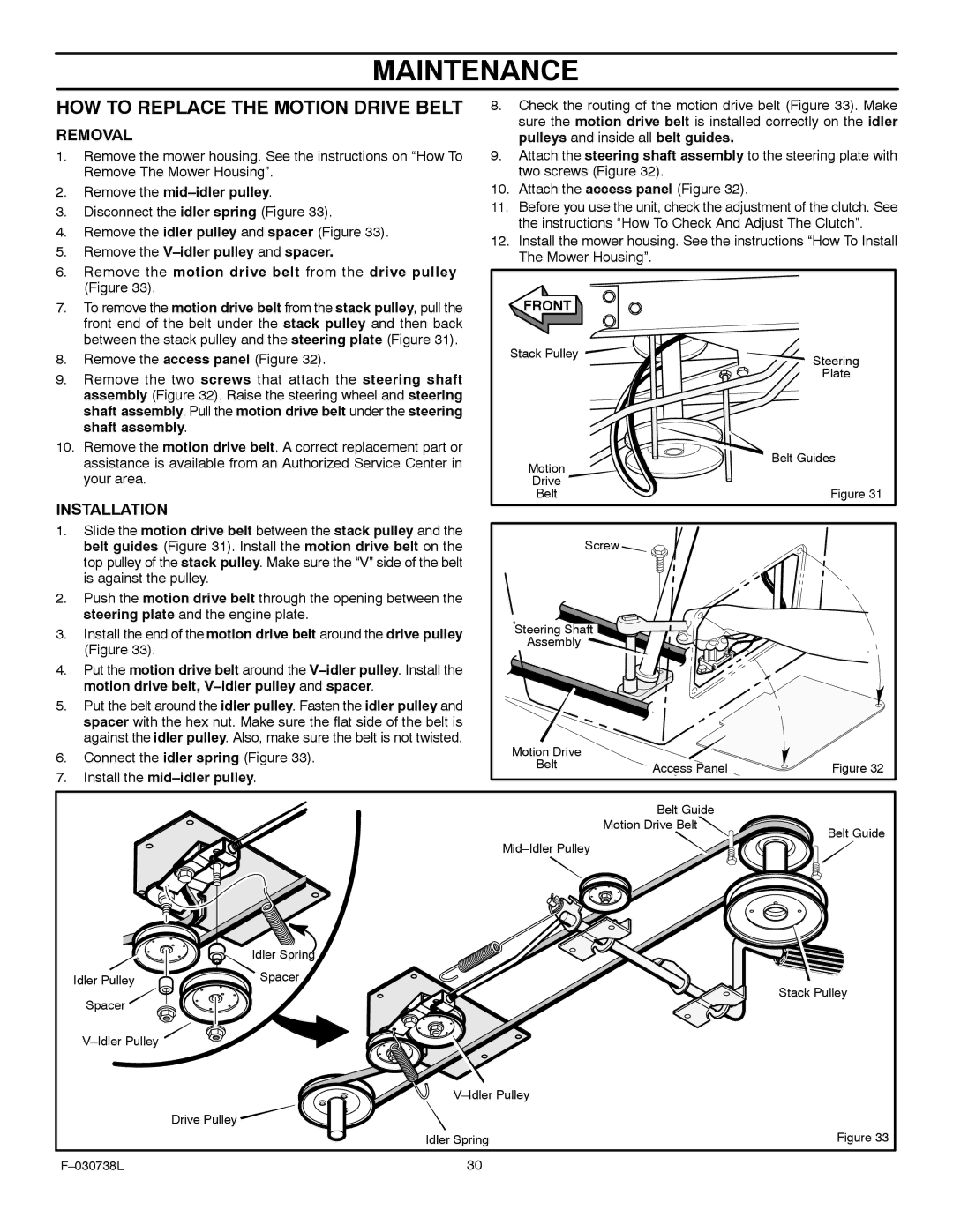 Murray 425603x99A manual HOW to Replace the Motion Drive Belt, Remove the mid-idler pulley, Install the mid-idler pulley 