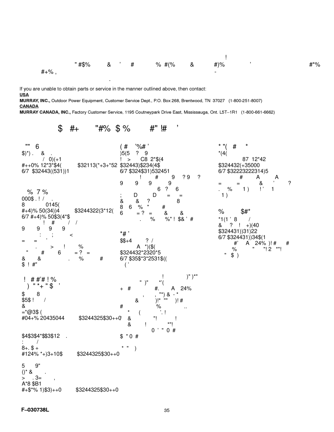 Murray 425603x99A manual 030738L, Usa 
