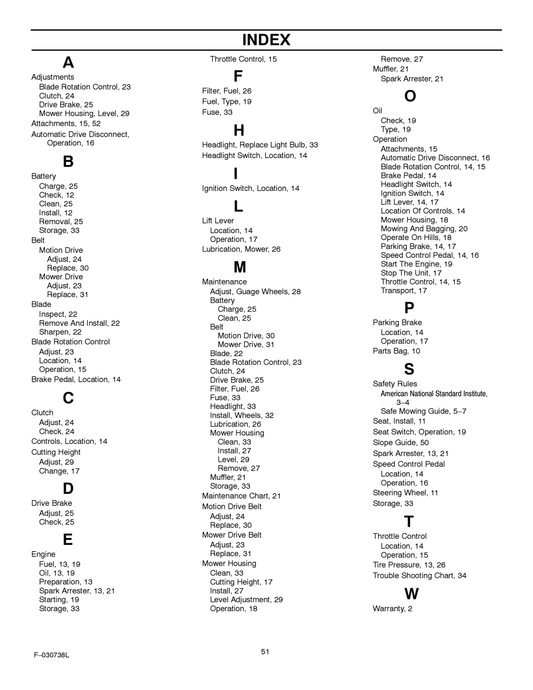 Murray 425603x99A manual Index 