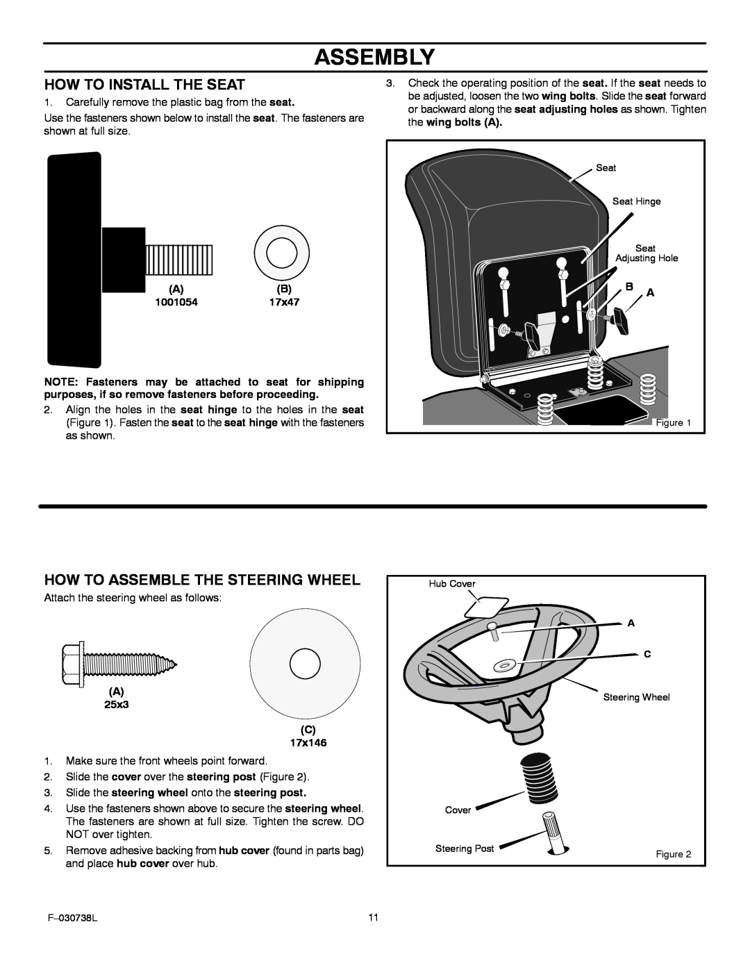 Murray 425603x99A manual Assembly, How To Install The Seat, How To Assemble The Steering Wheel, Ab, A 25x3 C 