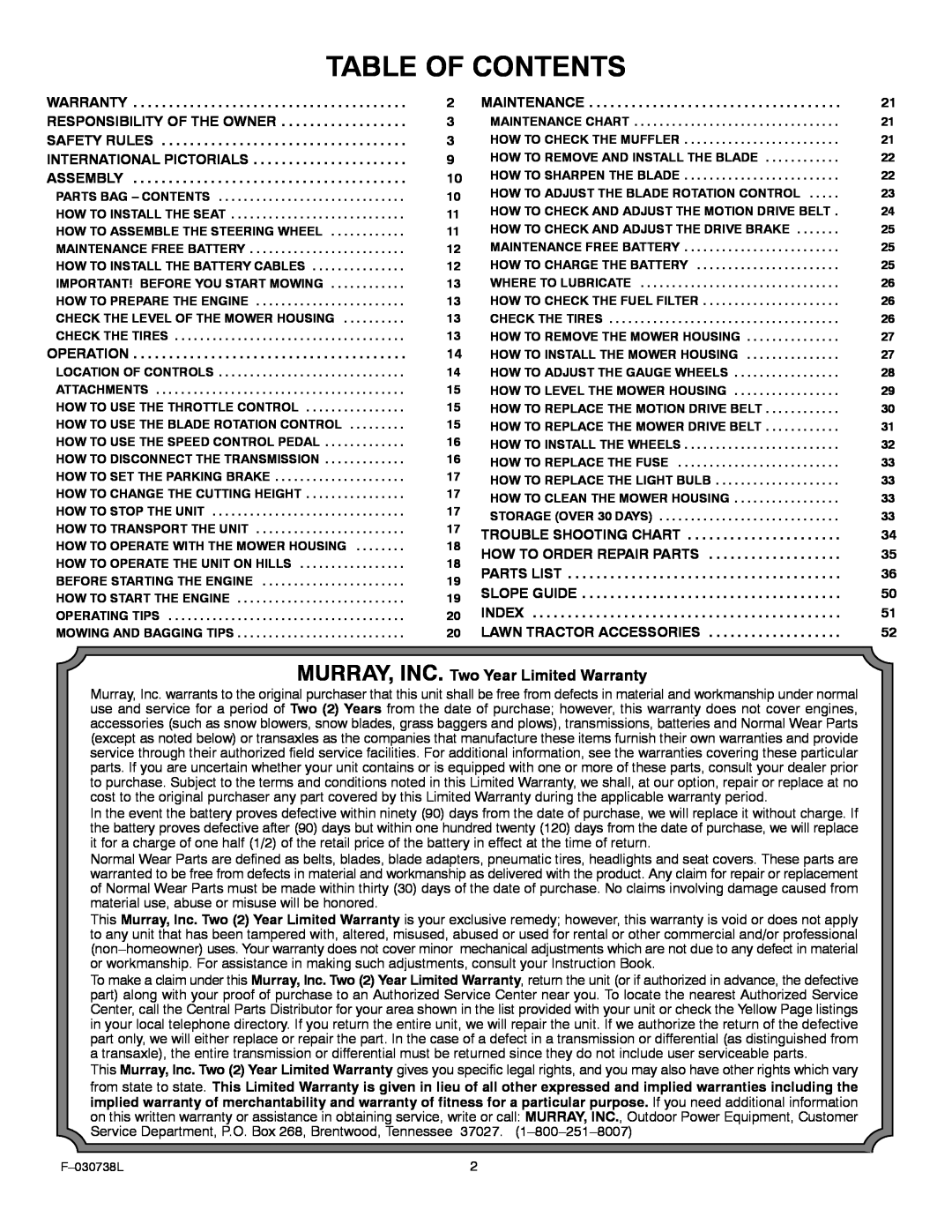 Murray 425603x99A manual Table Of Contents, MURRAY, INC. Two Year Limited Warranty 
