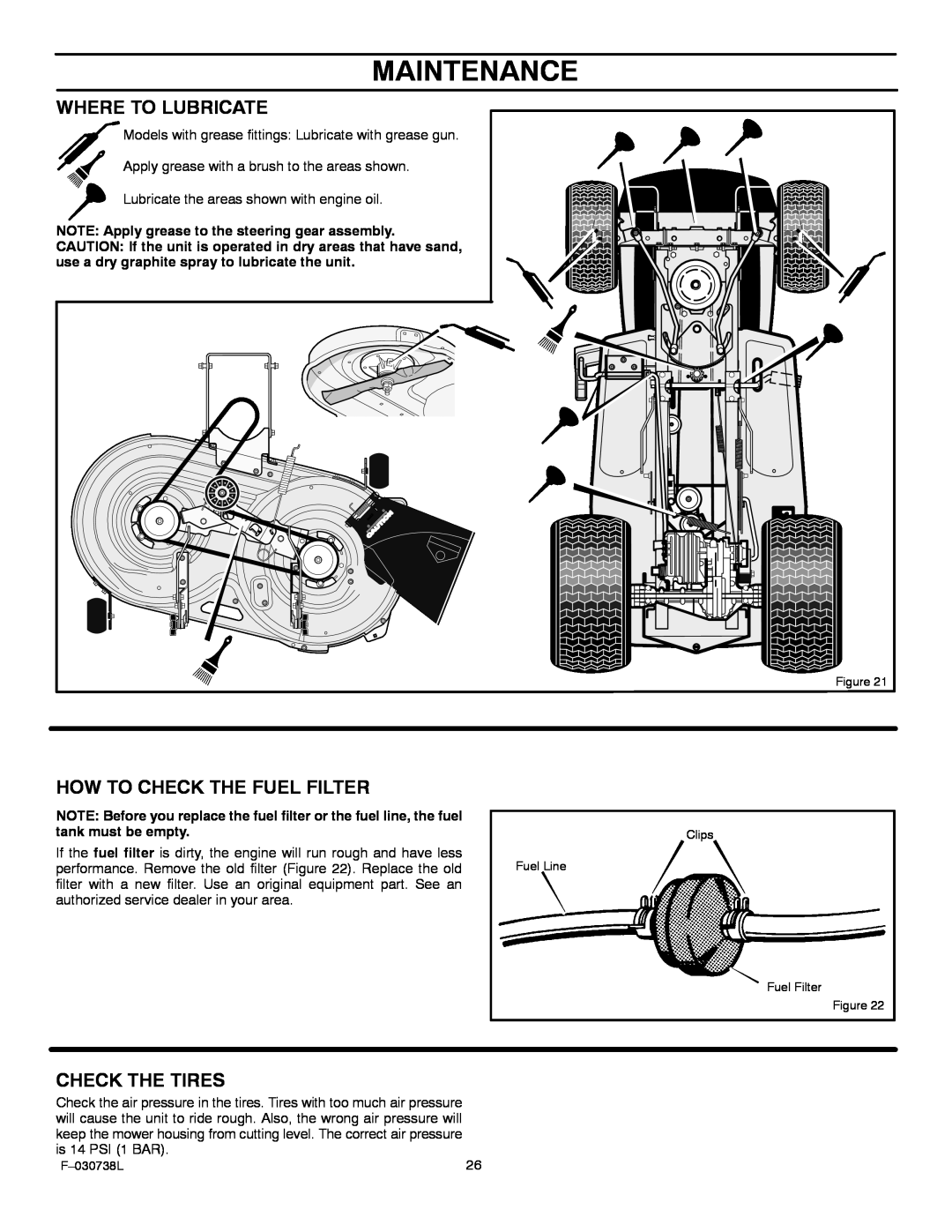 Murray 425603x99A manual Maintenance, Where To Lubricate, How To Check The Fuel Filter, Check The Tires 