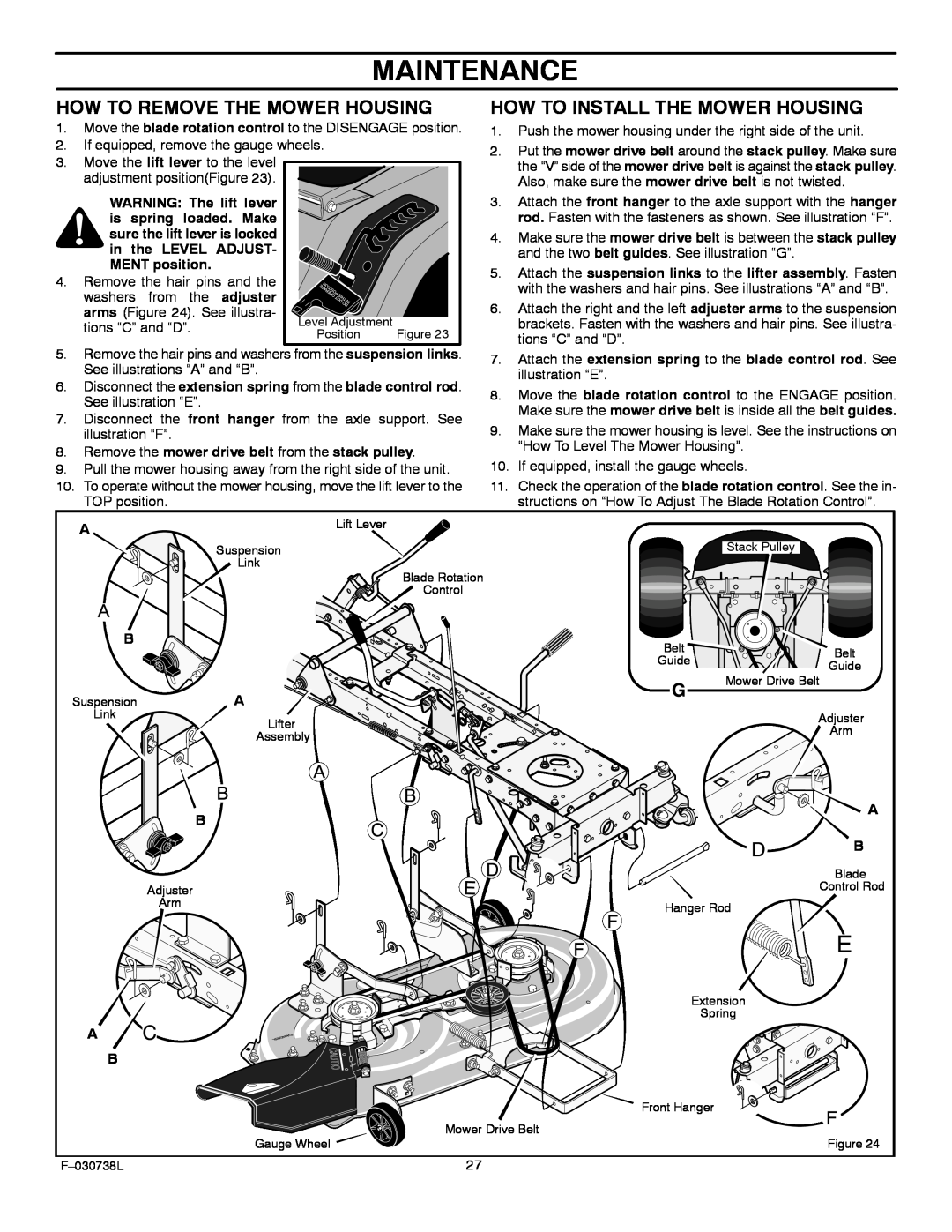 Murray 425603x99A manual Maintenance, How To Remove The Mower Housing, How To Install The Mower Housing 