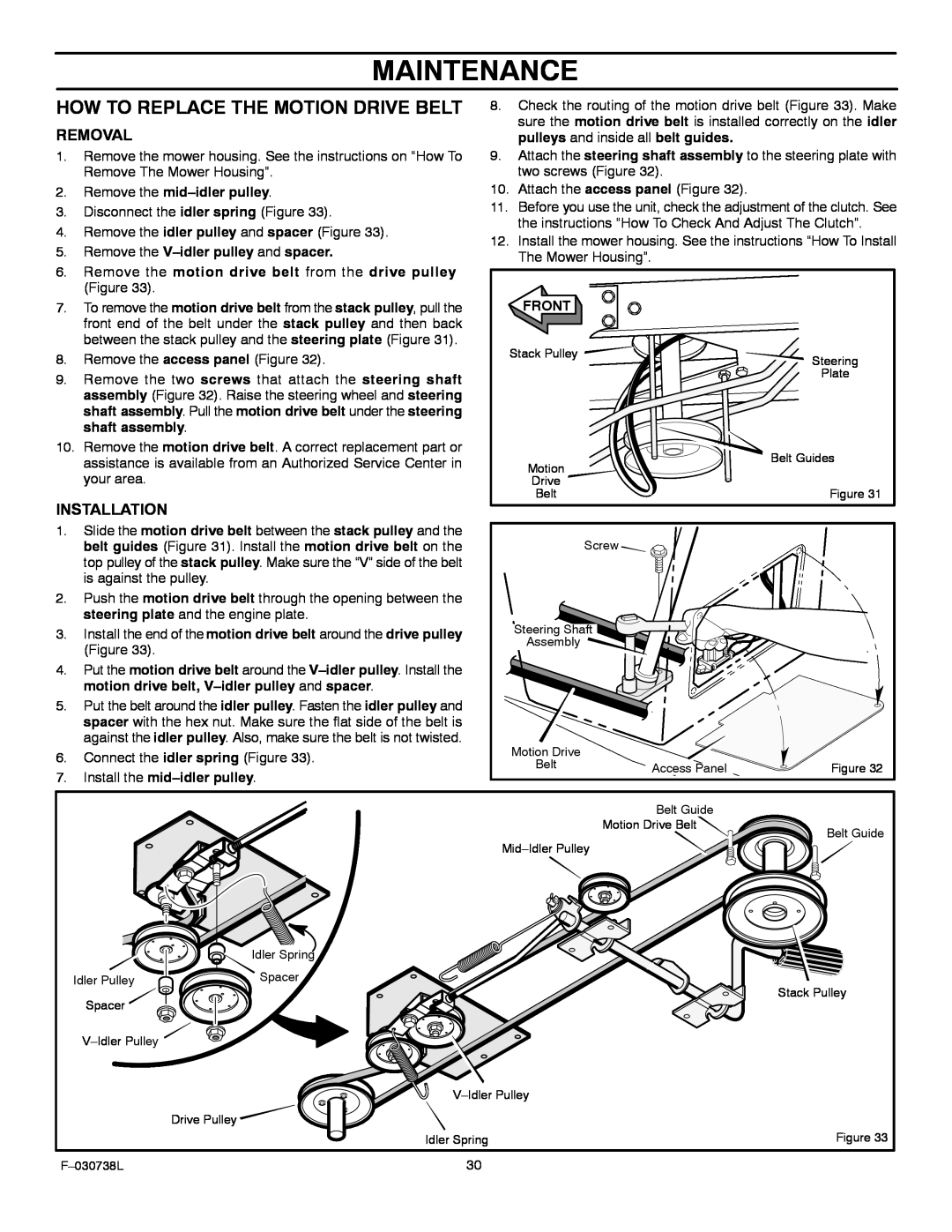 Murray 425603x99A manual Maintenance, How To Replace The Motion Drive Belt, Removal, Installation 