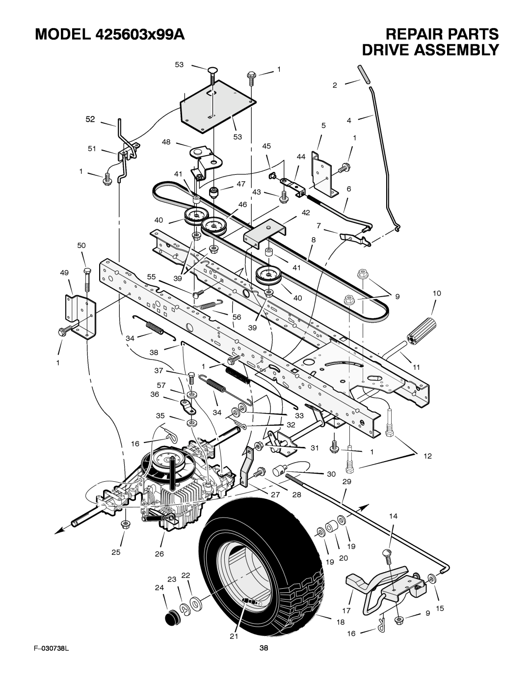 Murray manual Drive Assembly, MODEL 425603x99A, Repair Parts 