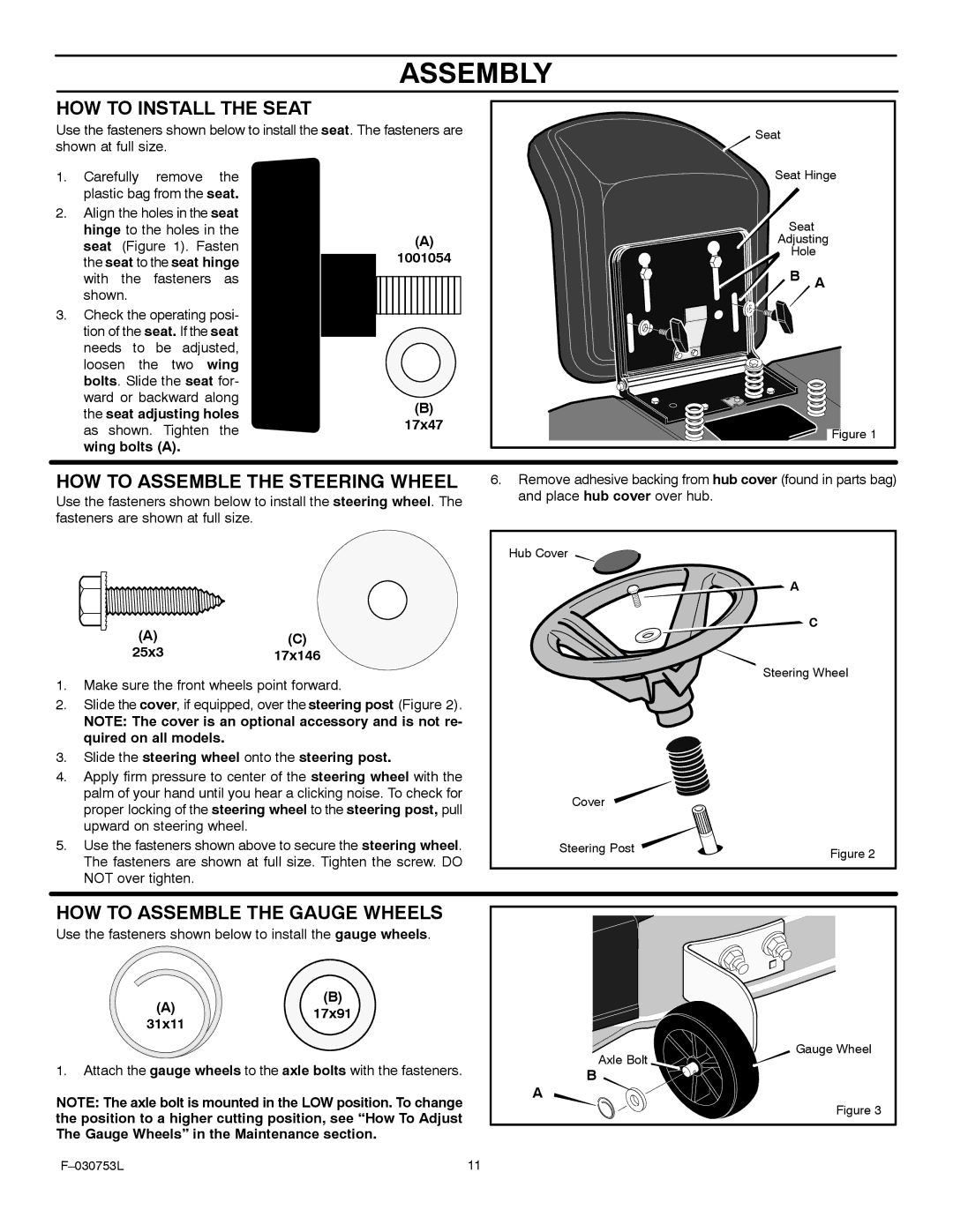 Murray 425604x18A manual HOW to Install the Seat, HOW to Assemble the Steering Wheel, HOW to Assemble the Gauge Wheels 