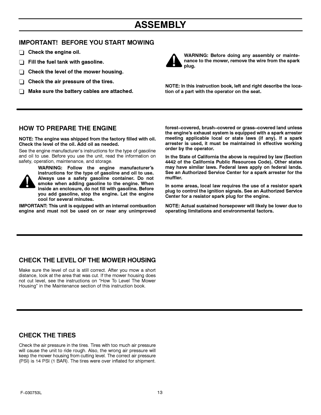 Murray 425604x18A IMPORTANT! Before YOU Start Mowing, HOW to Prepare the Engine, Check the Level of the Mower Housing 