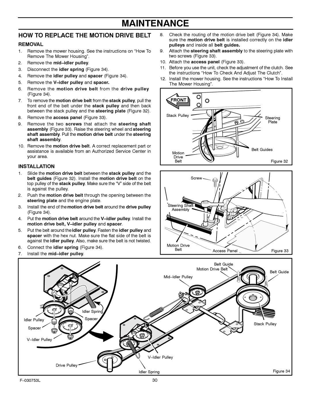 Murray 425604x18A manual HOW to Replace the Motion Drive Belt, Remove the mid-idler pulley, Install the mid-idler pulley 