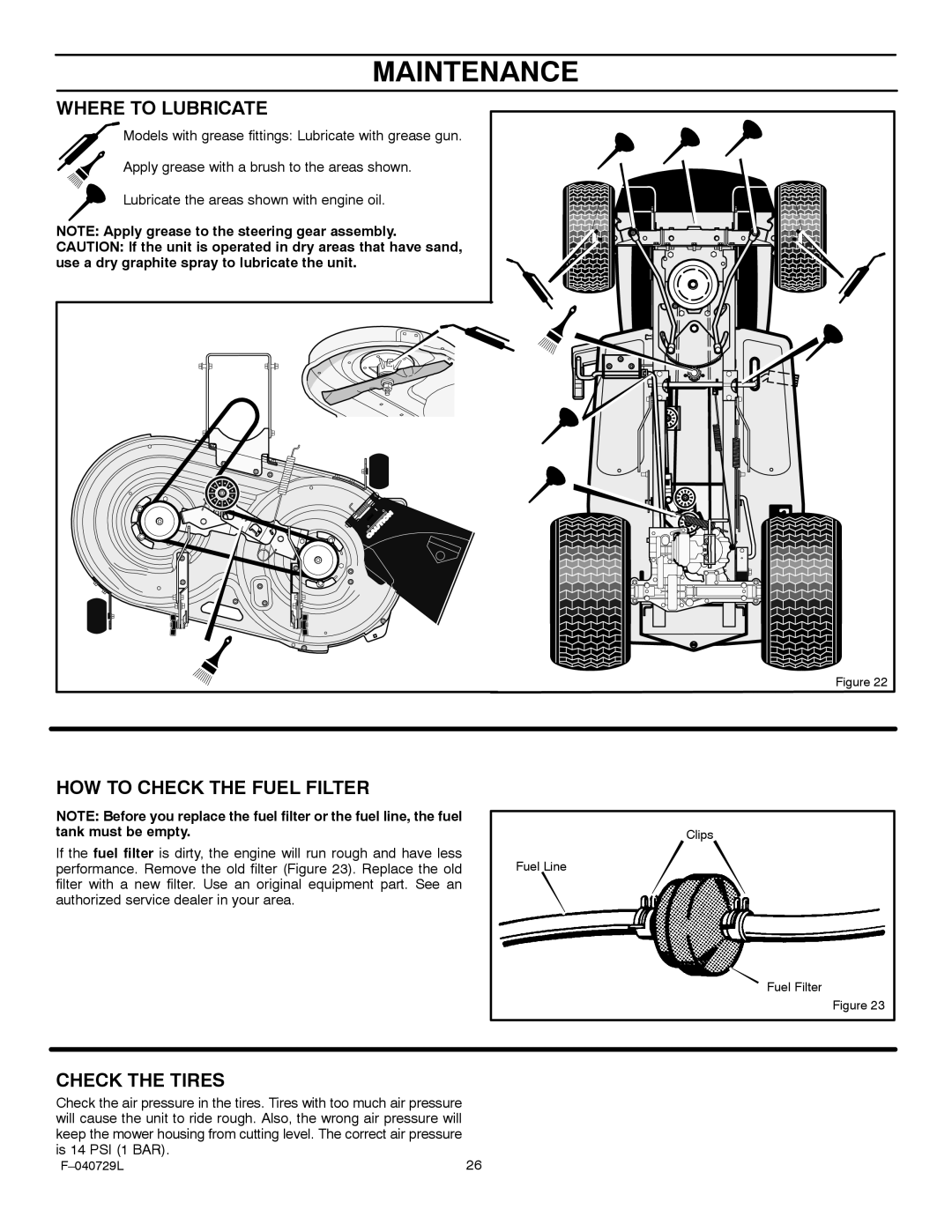 Murray 425620x92A manual Where to Lubricate, HOW to Check the Fuel Filter 