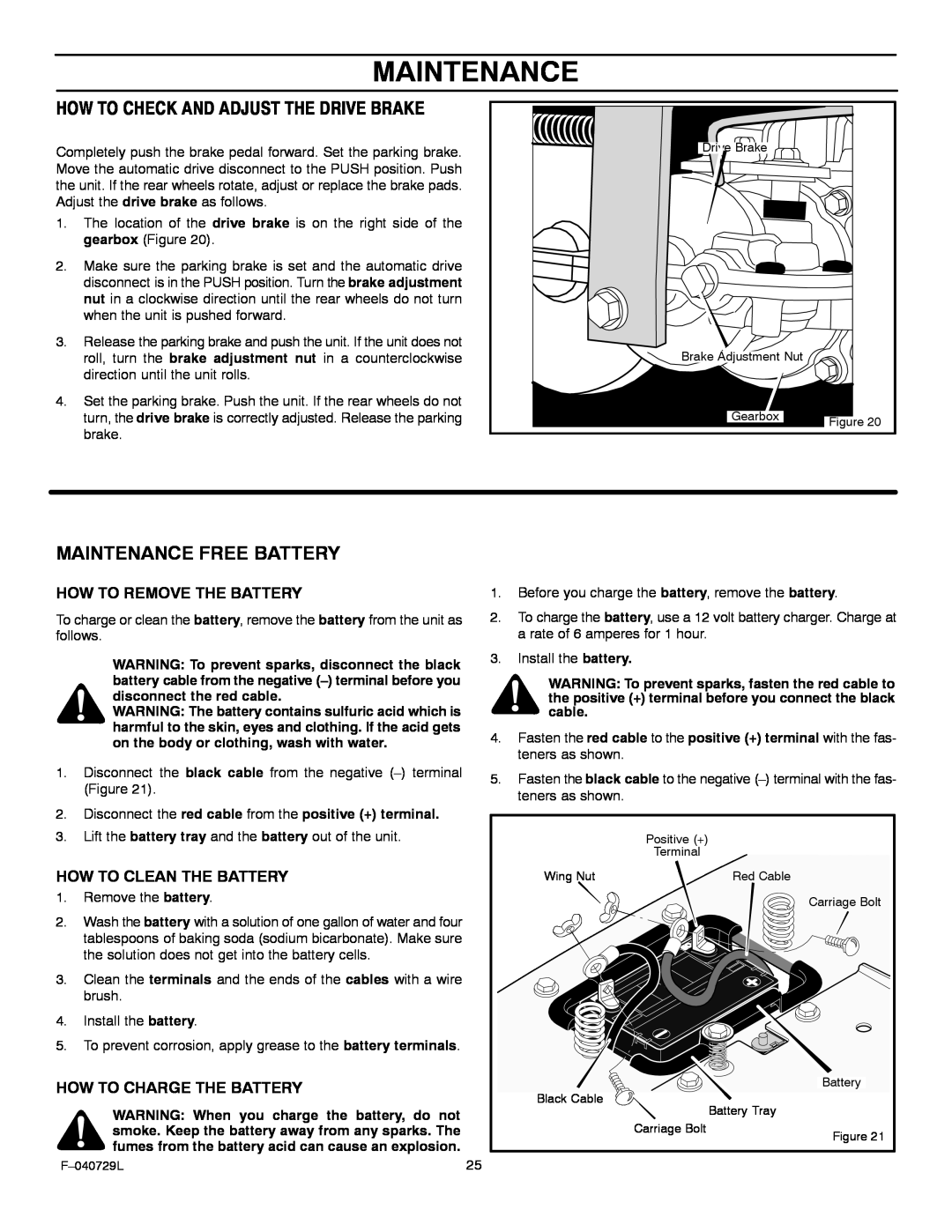 Murray 425620x92A manual How To Check And Adjust The Drive Brake, Maintenance Free Battery, How To Remove The Battery 