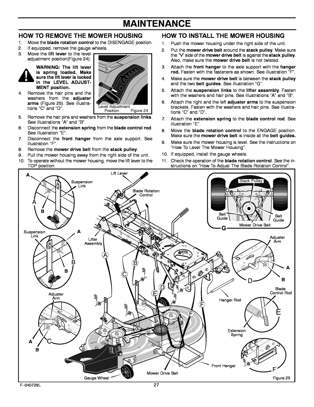 Murray 425620x92A manual Maintenance, How To Remove The Mower Housing, How To Install The Mower Housing 
