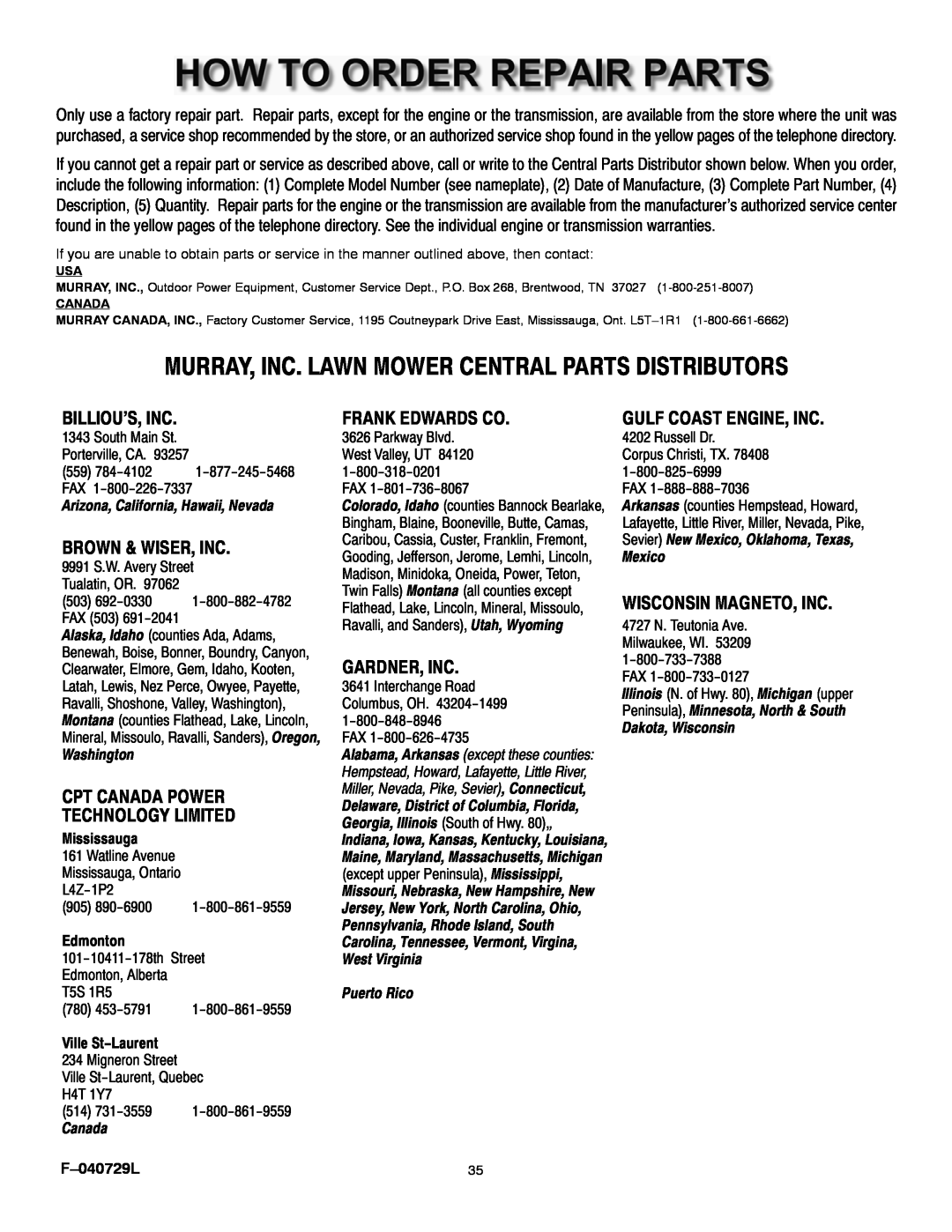 Murray 425620x92A Murray, Inc. Lawn Mower Central Parts Distributors, Billious, Inc, Brown & Wiser, Inc, Frank Edwards Co 