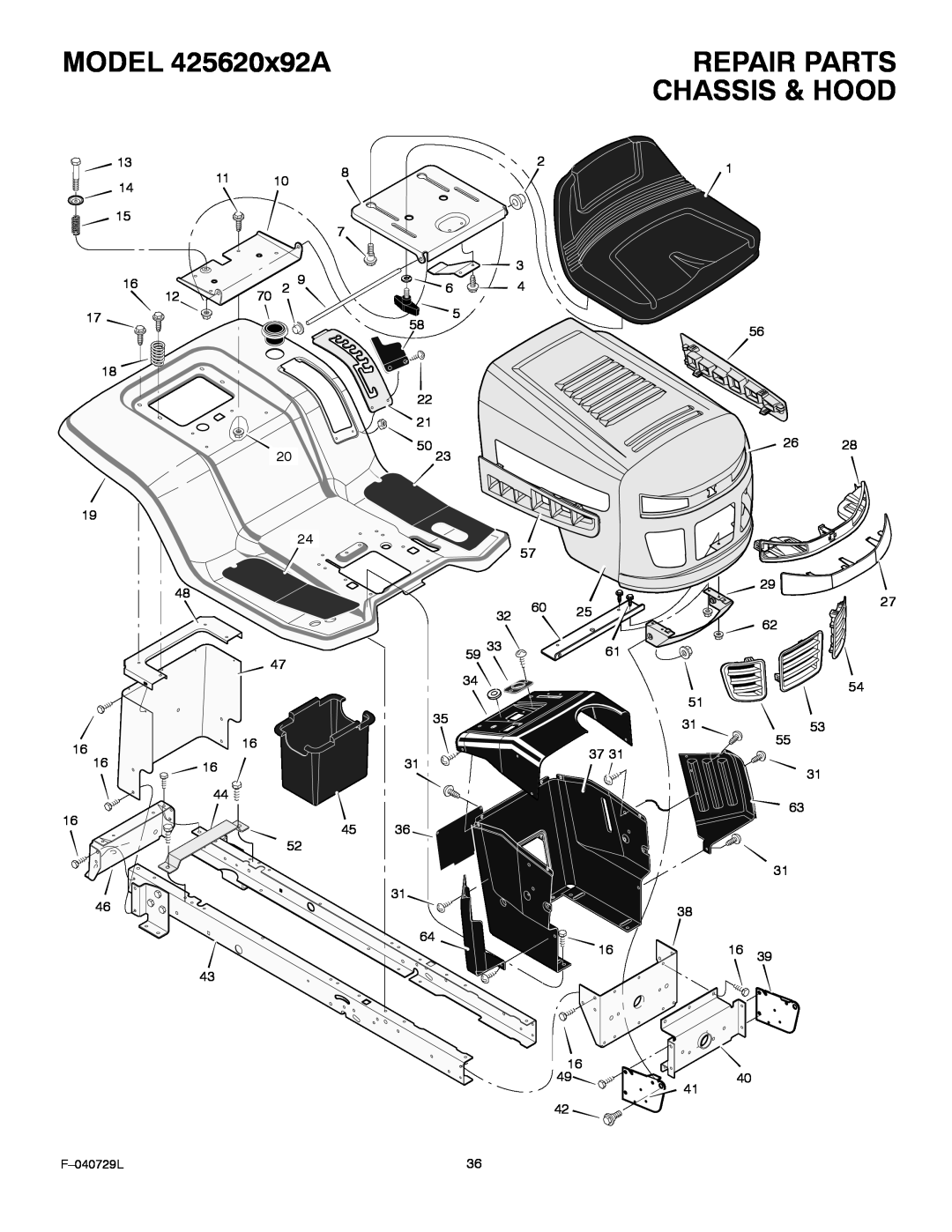 Murray manual MODEL 425620x92A, Repair Parts, Chassis & Hood, F-040729L 