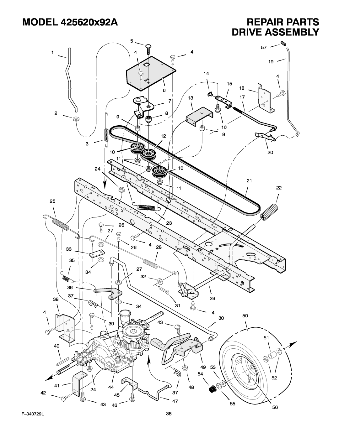 Murray manual Repair Parts Drive Assembly, MODEL 425620x92A, F-040729L 
