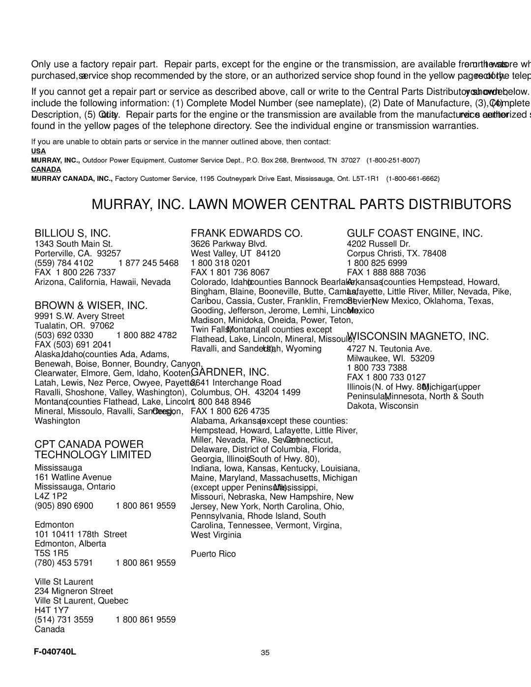 Murray 425620x92B manual 040740L, Usa 