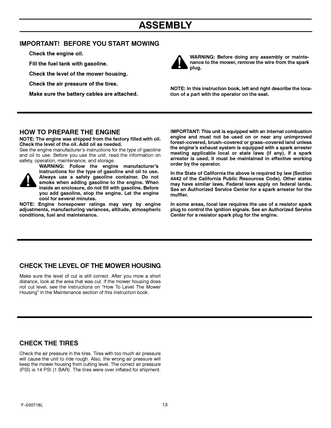 Murray 461000x8A manual IMPORTANT! Before YOU Start Mowing, HOW to Prepare the Engine, Check the Level of the Mower Housing 