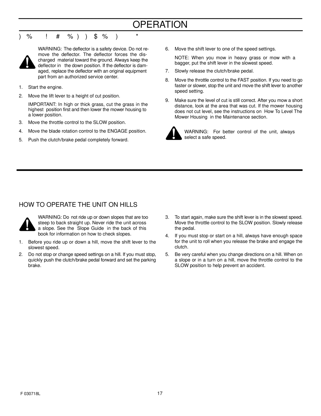 Murray 461000x8A manual HOW to Operate with the Mower Housing, HOW to Operate the Unit on Hills 