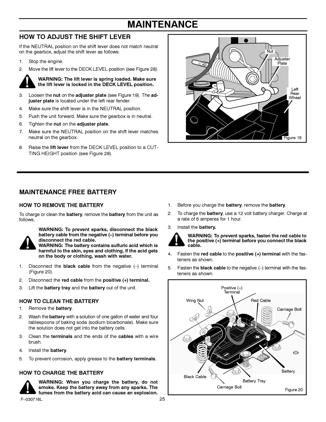 Murray 461000x8A manual HOW to Adjust the Shift Lever, Disconnect the red cable from the positive + terminal 