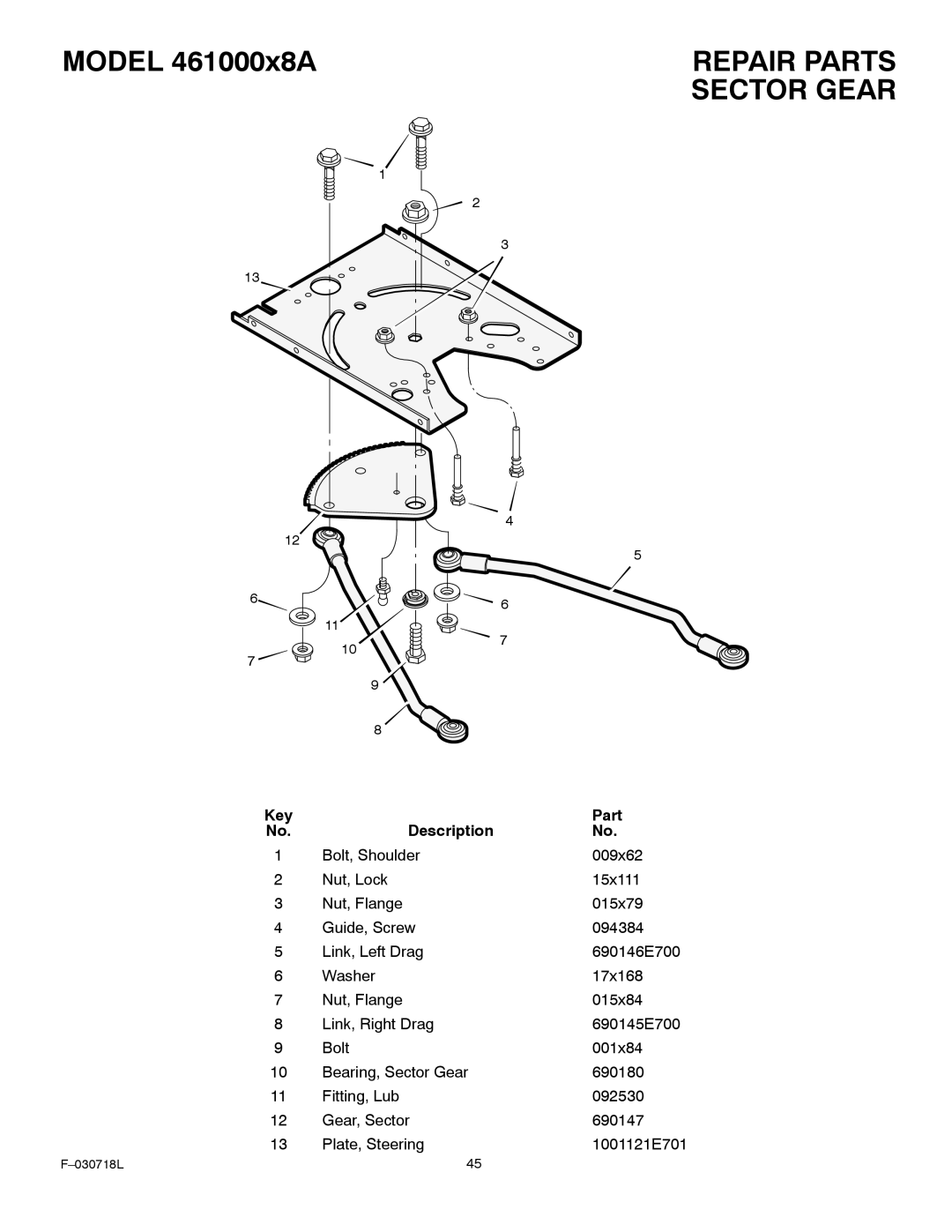 Murray 461000x8A manual Sector Gear, Key Part Description 