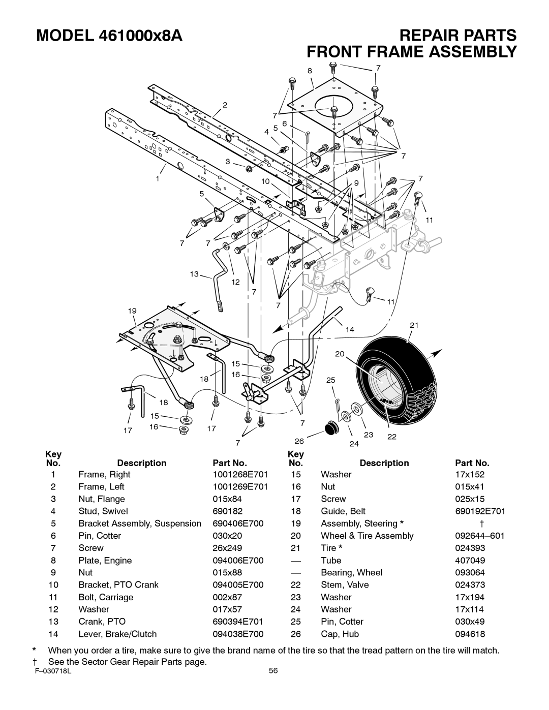 Murray manual Model 461000x8AREPAIR Parts Front Frame Assembly 