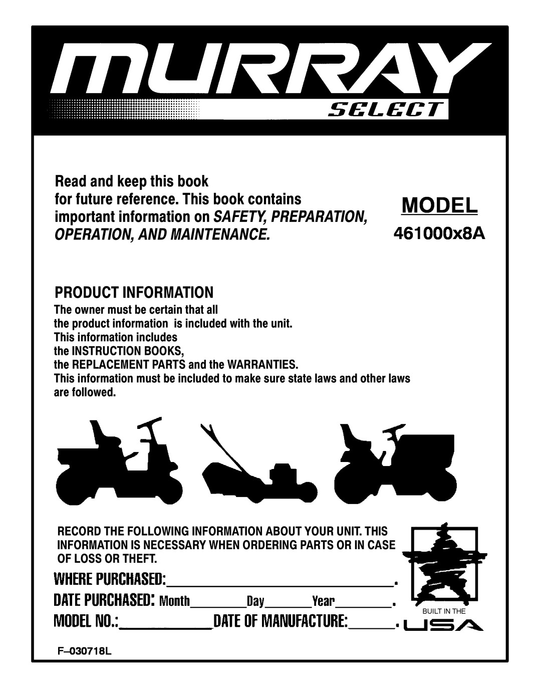 Murray 461000x8A manual Model, Read and keep this book, Product Information 