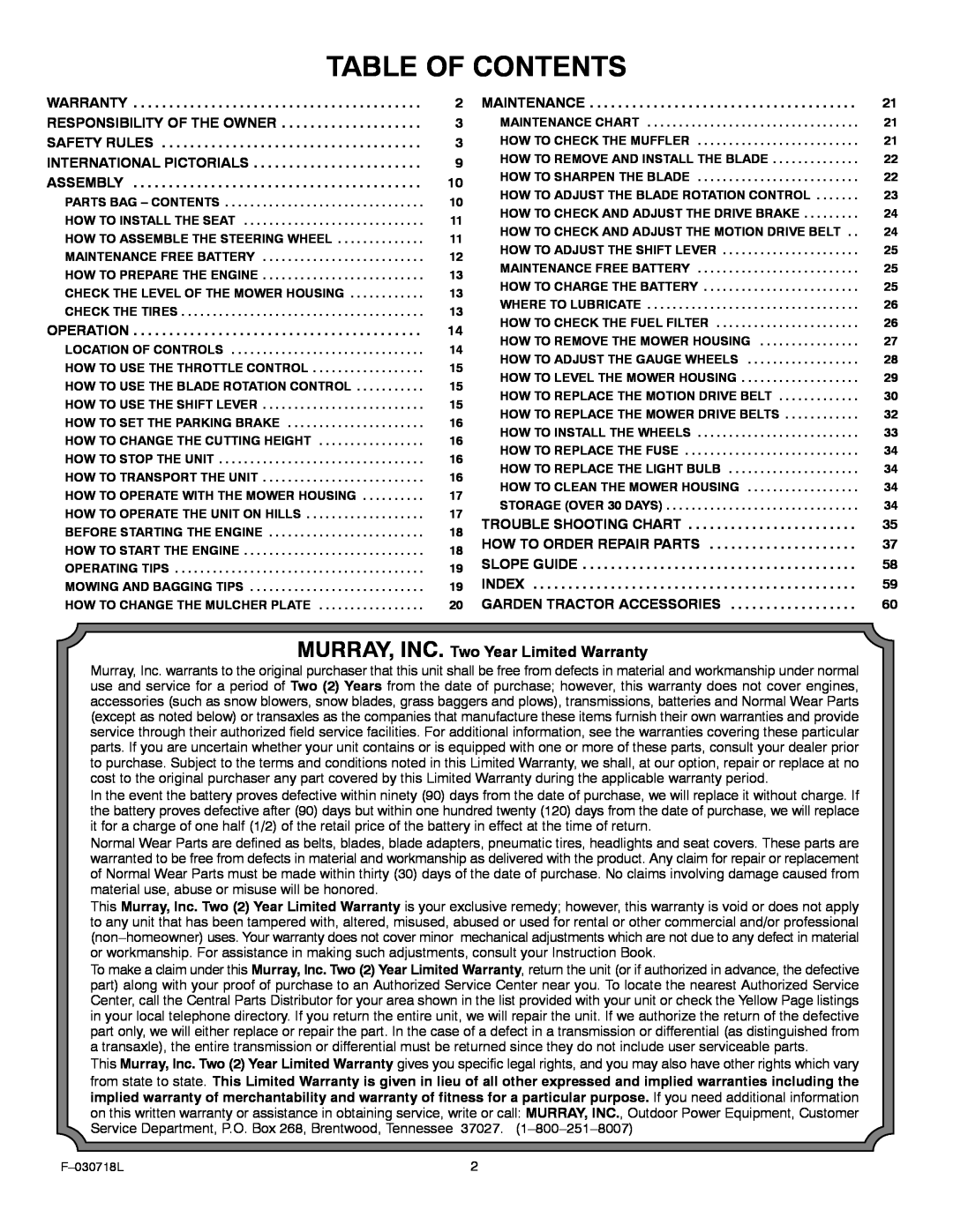 Murray 461000x8A manual Table Of Contents, MURRAY, INC. Two Year Limited Warranty 