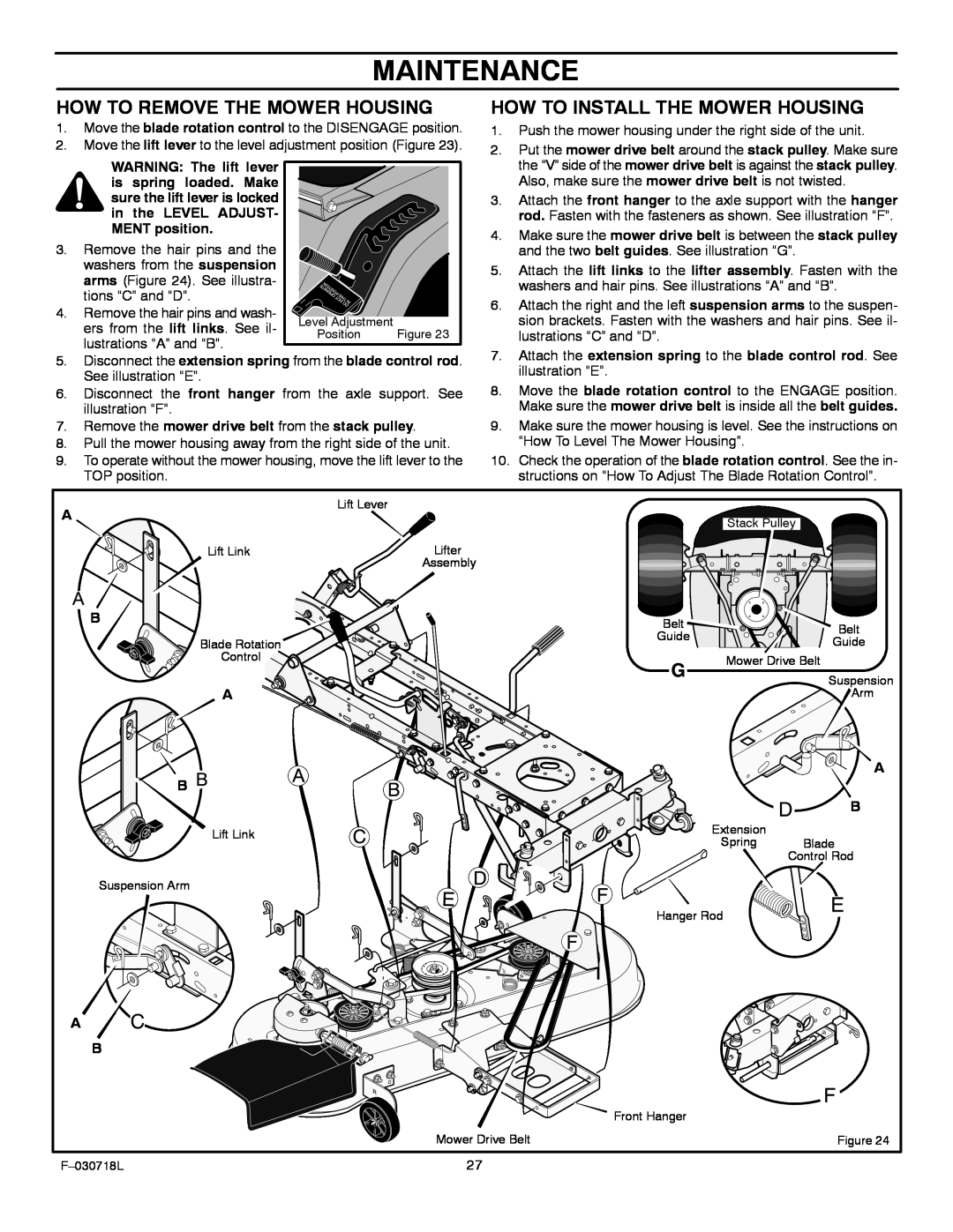 Murray 461000x8A manual Maintenance, How To Remove The Mower Housing, How To Install The Mower Housing, Suspension 