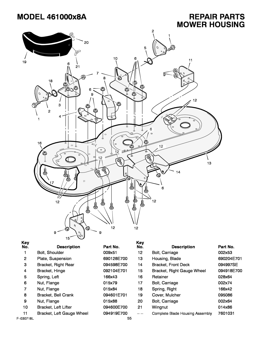 Murray manual Mower Housing, MODEL 461000x8A, Repair Parts, Complete Blade Housing Assembly 